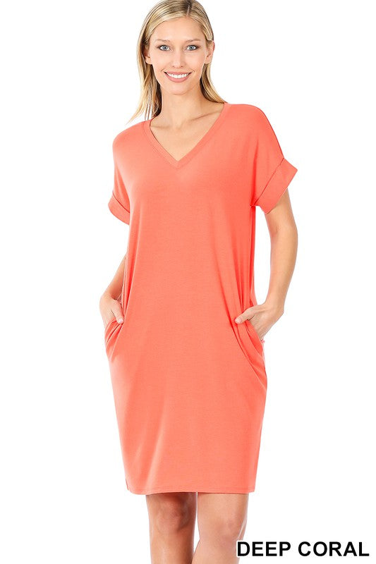 Rolled Short Sleeve V-neck Dress in a casual style, featuring cuffed sleeves and a loose fit, perfect for warm weather.