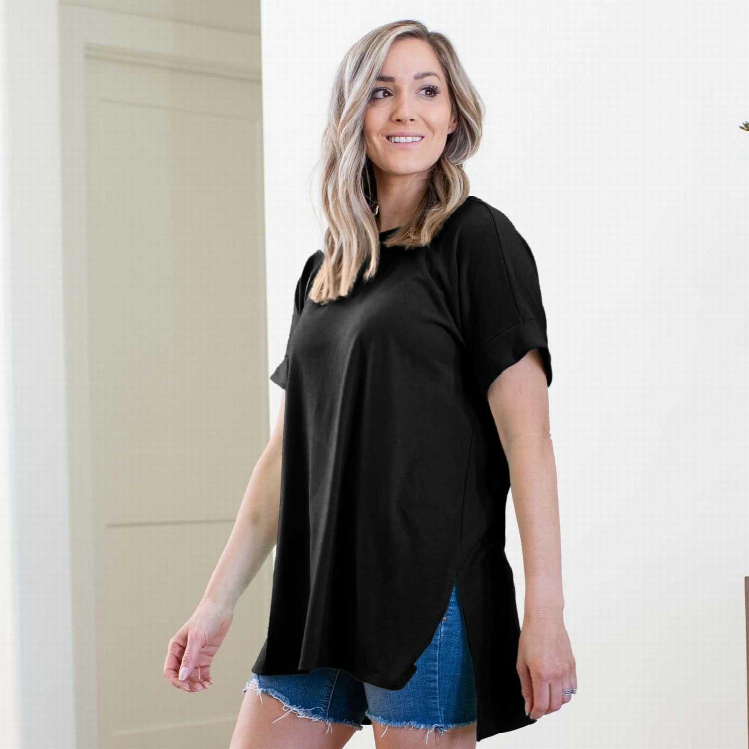 Rolled Sleeve Side Slit High-low Hem top in various colors, showcasing its relaxed fit and stylish design.