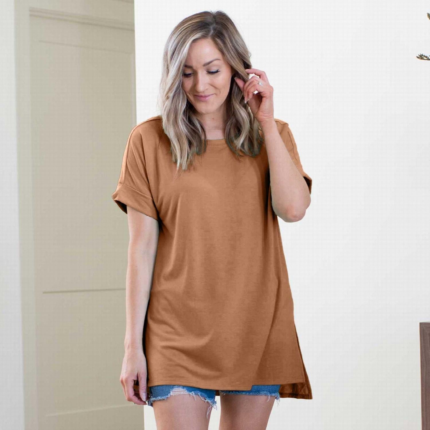 Rolled Sleeve Side Slit High-low Hem top in various colors, showcasing its relaxed fit and stylish design.