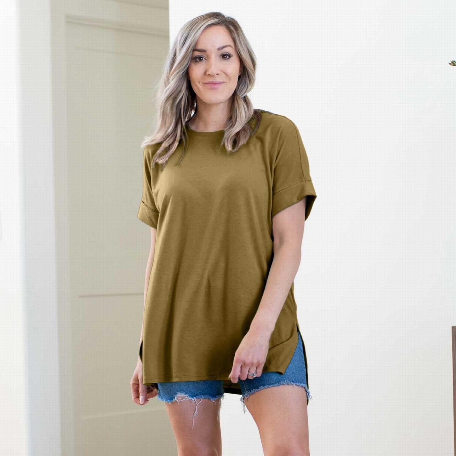 Rolled Sleeve Side Slit High-low Hem top in various colors, showcasing its relaxed fit and stylish design.