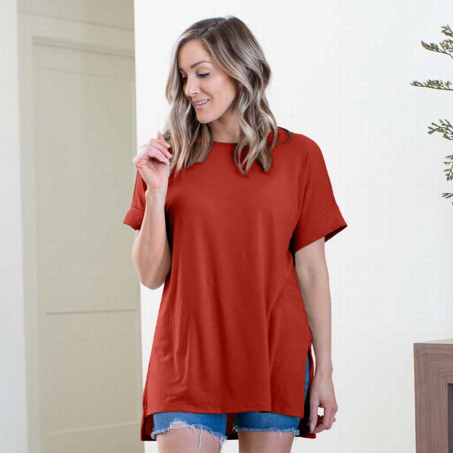 Rolled Sleeve Side Slit High-low Hem top in various colors, showcasing its relaxed fit and stylish design.