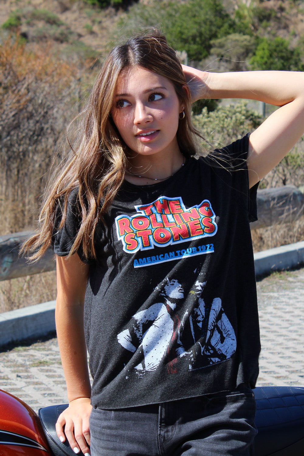 Rolling Stones 1972 Tour Tee featuring raw edges and bold colors, celebrating the iconic rock band.