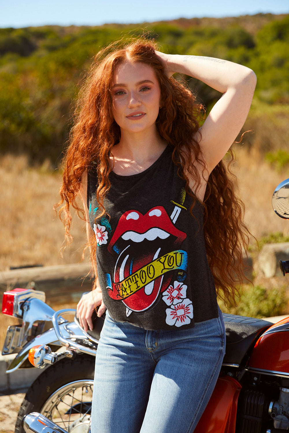 Black Rolling Stones Tattoo You tank top featuring iconic design, made from eco-friendly materials.