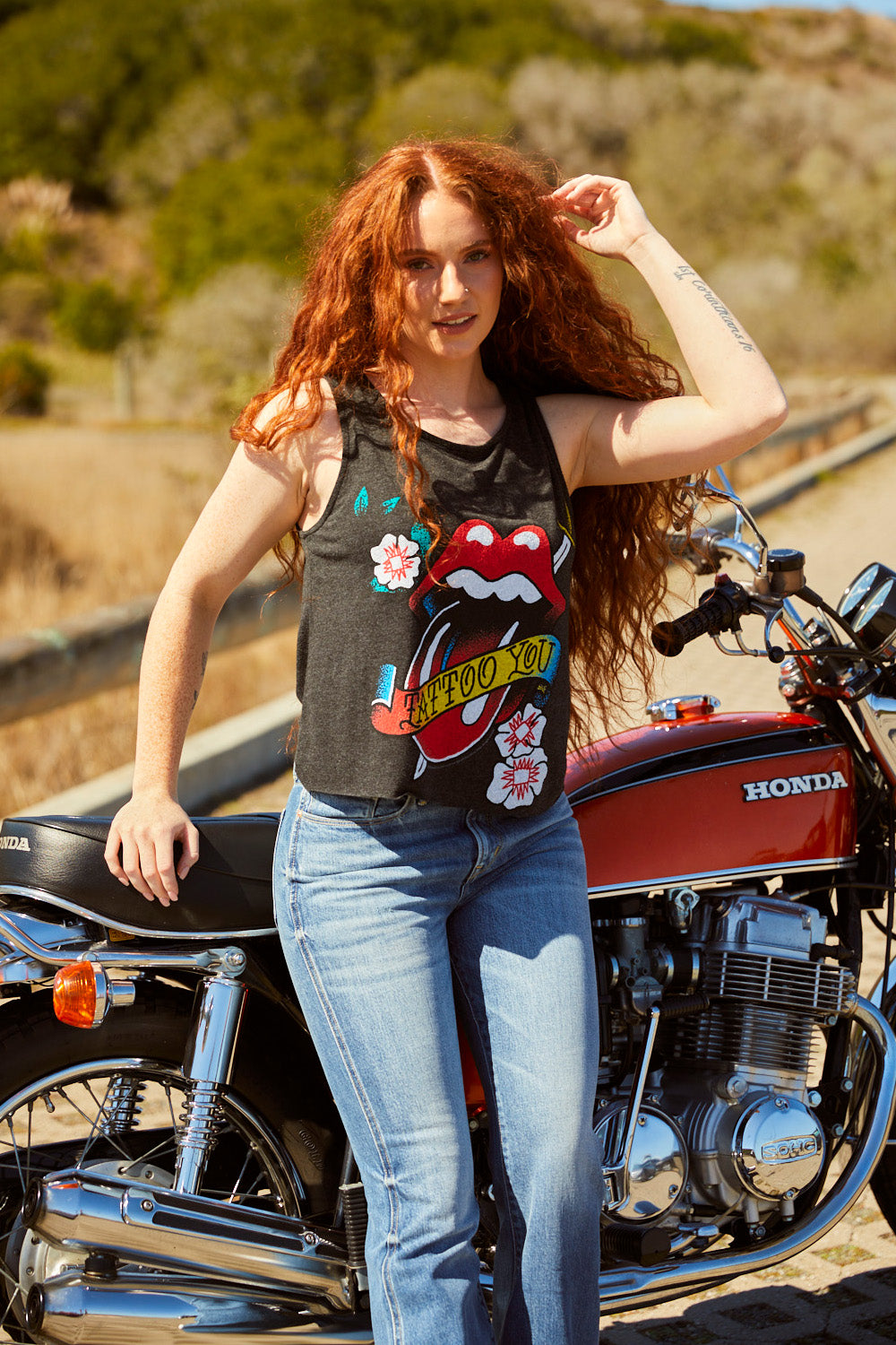 Black Rolling Stones Tattoo You tank top featuring iconic design, made from eco-friendly materials.