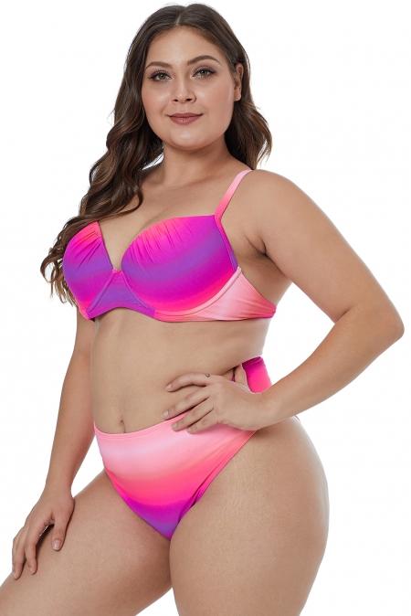 Rose Gradient Color Plus Size Bikini Set featuring a chic gradient design with moulded cups and full back coverage panty, perfect for summer beach outings.