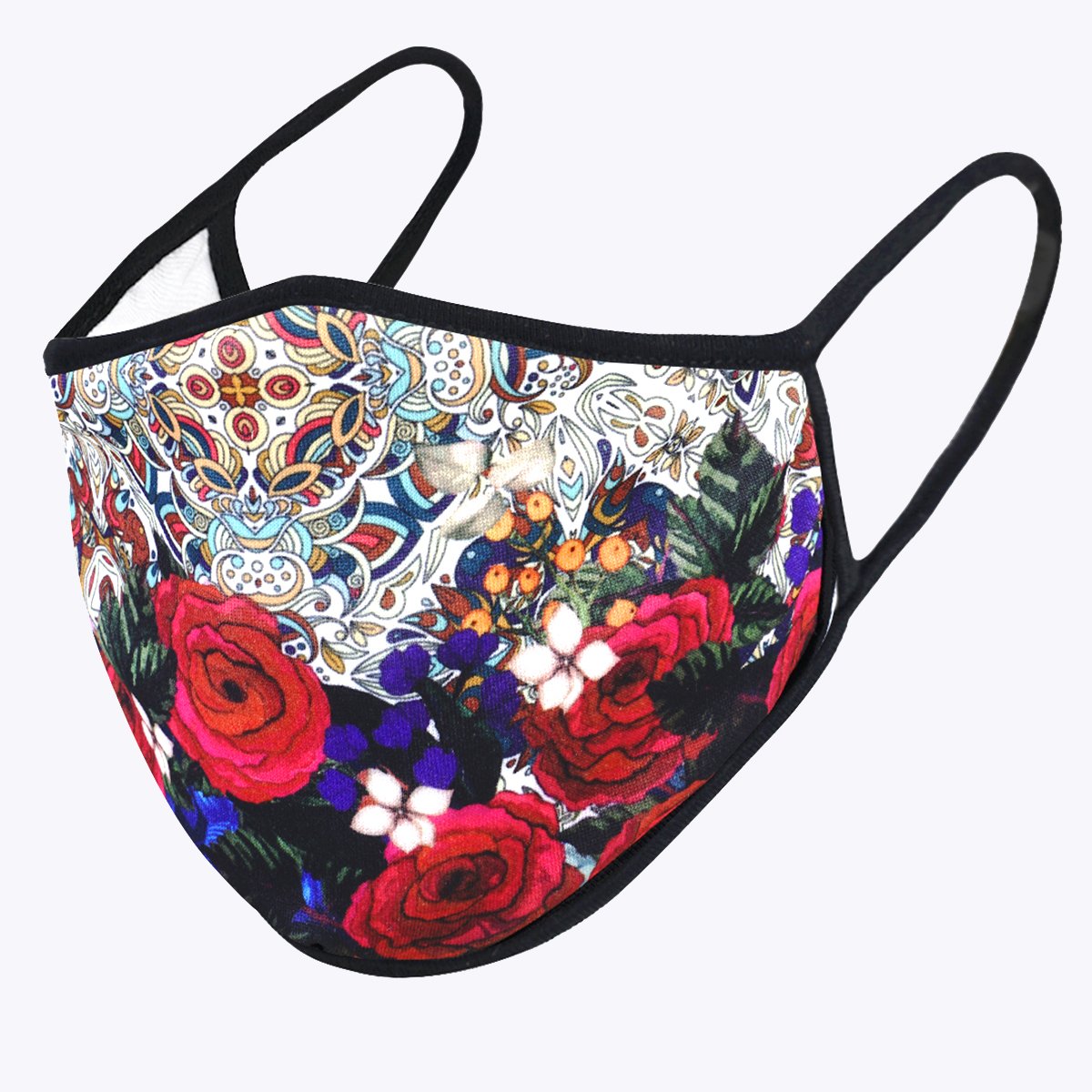 Rose Multi 3-Layered Face Cover featuring a unique floral print, made from polyester and cotton, designed for comfort and protection.