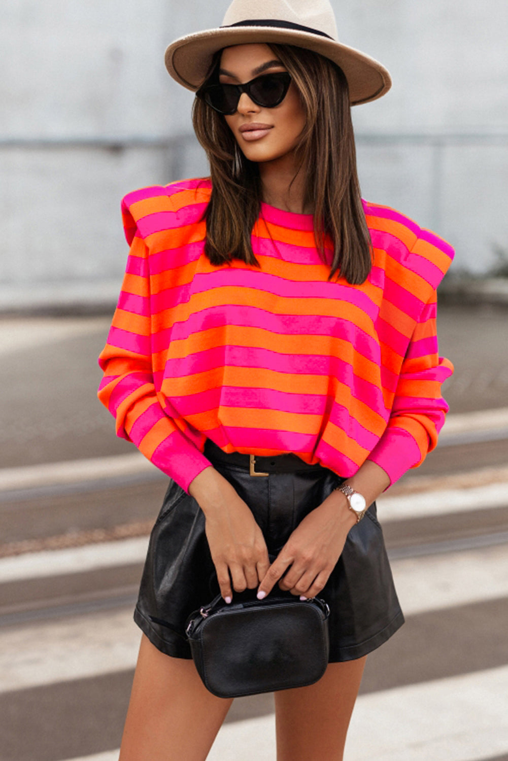 Rose Stripe Shoulder Pad Round Neck Sweater featuring trendy stripes and structured shoulder pads, perfect for casual wear.