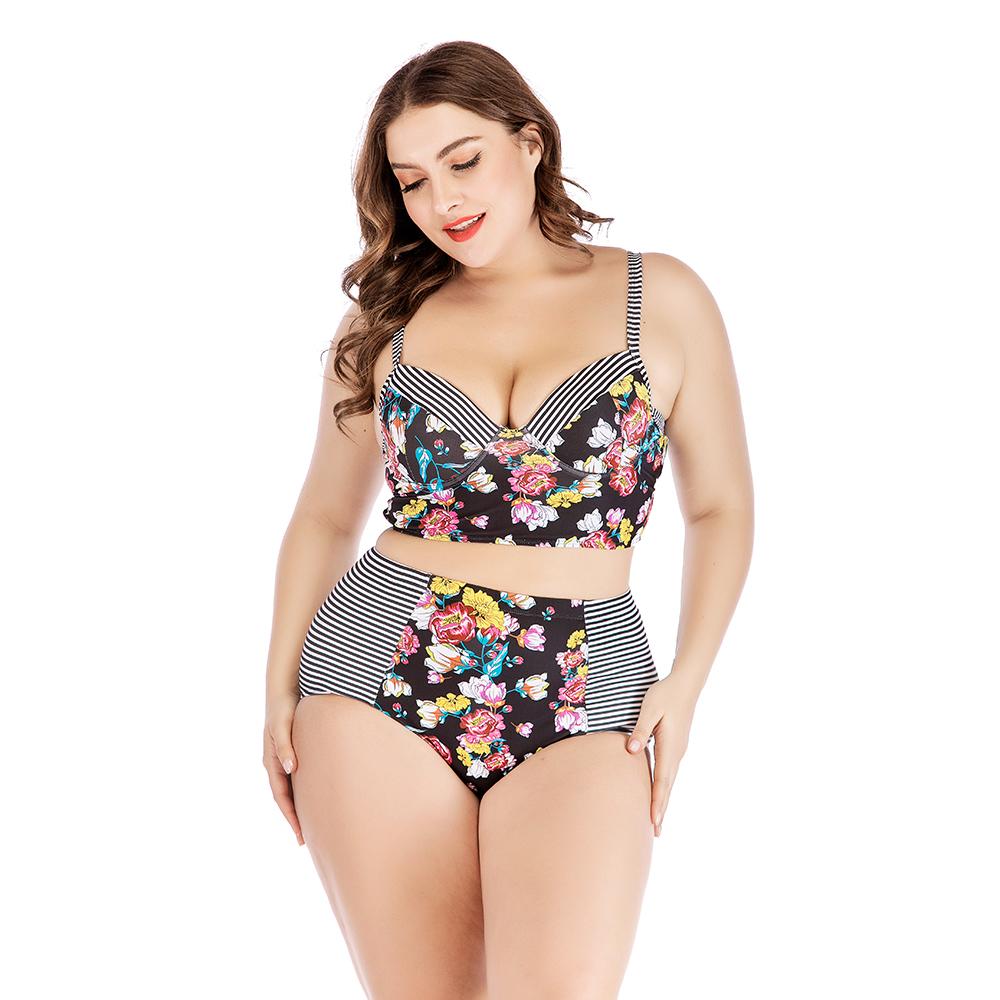 The Rosie high-waisted swim bottom featuring a heart neckline with a vibrant color block of stripes and floral patterns.