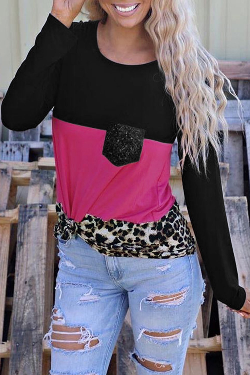 Rosy Leopard Print Color Block Sequin Pocket Top featuring vibrant colors and a shiny sequin pocket, perfect for casual wear.