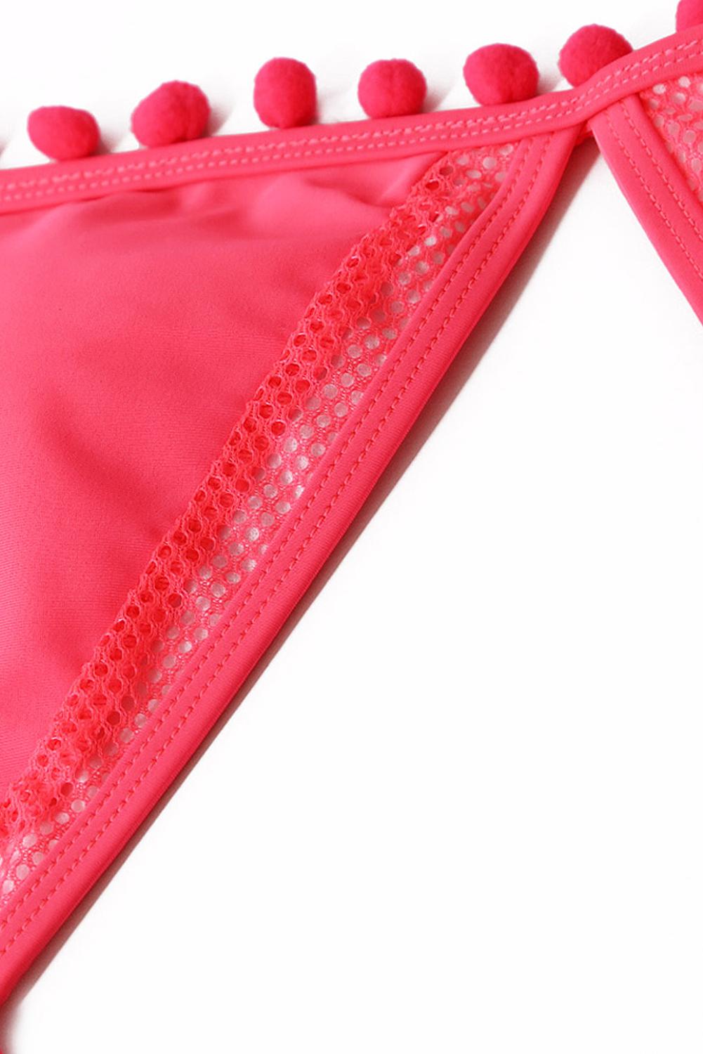 Rosy Pom Pom Mesh Insert High Waist Bikini Set featuring sheer mesh inserts, halter neck design, and playful pom pom details.