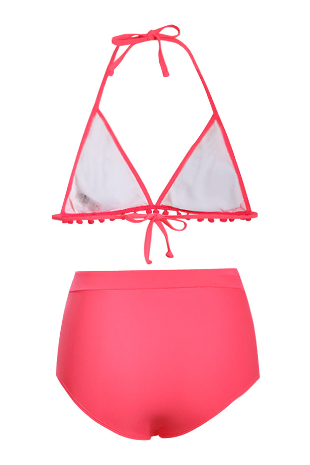 Rosy Pom Pom Mesh Insert High Waist Bikini Set featuring sheer mesh inserts, halter neck design, and playful pom pom details.