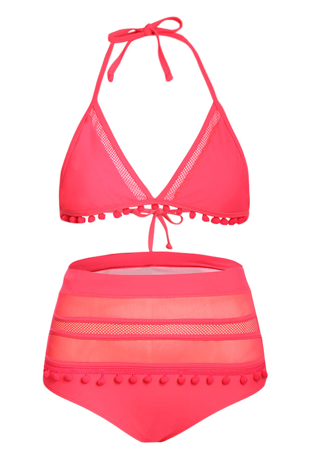 Rosy Pom Pom Mesh Insert High Waist Bikini Set featuring sheer mesh inserts, halter neck design, and playful pom pom details.