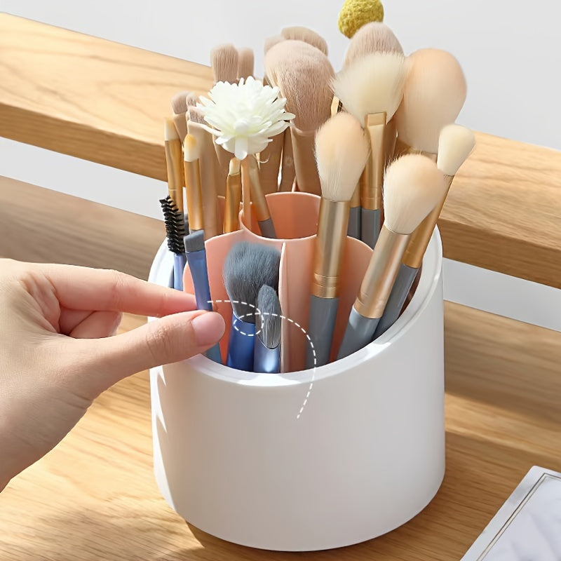 A stylish rotating makeup brush divider with a lidded cover, showcasing various makeup brushes organized neatly inside.