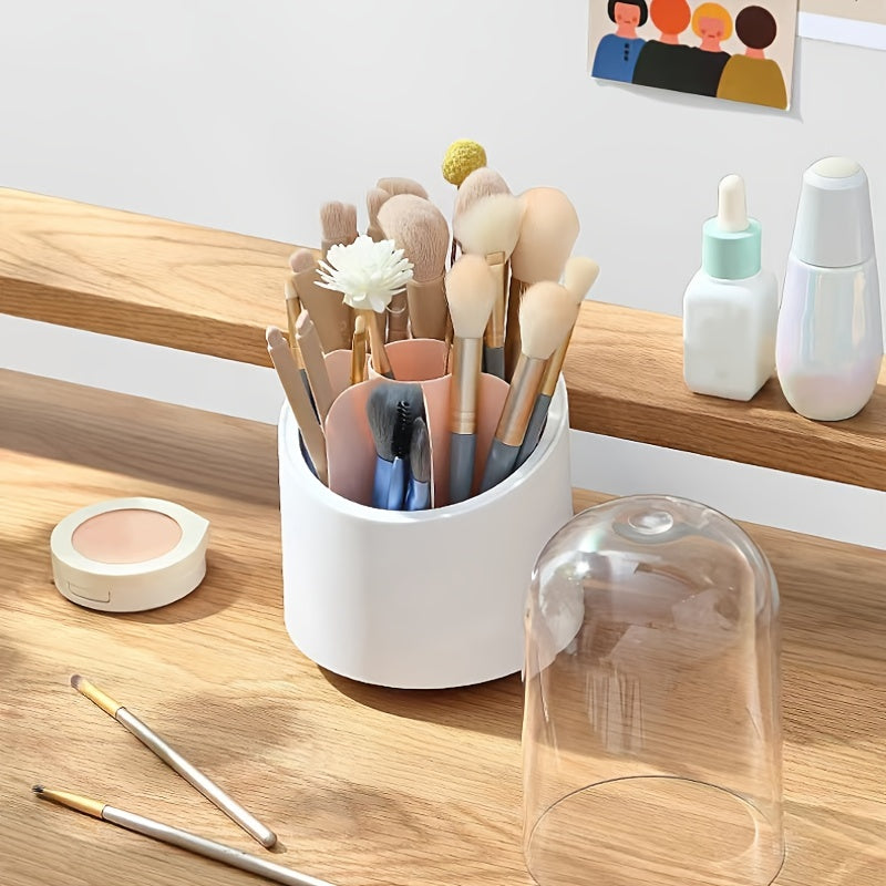 A stylish rotating makeup brush divider with a lidded cover, showcasing various makeup brushes organized neatly inside.