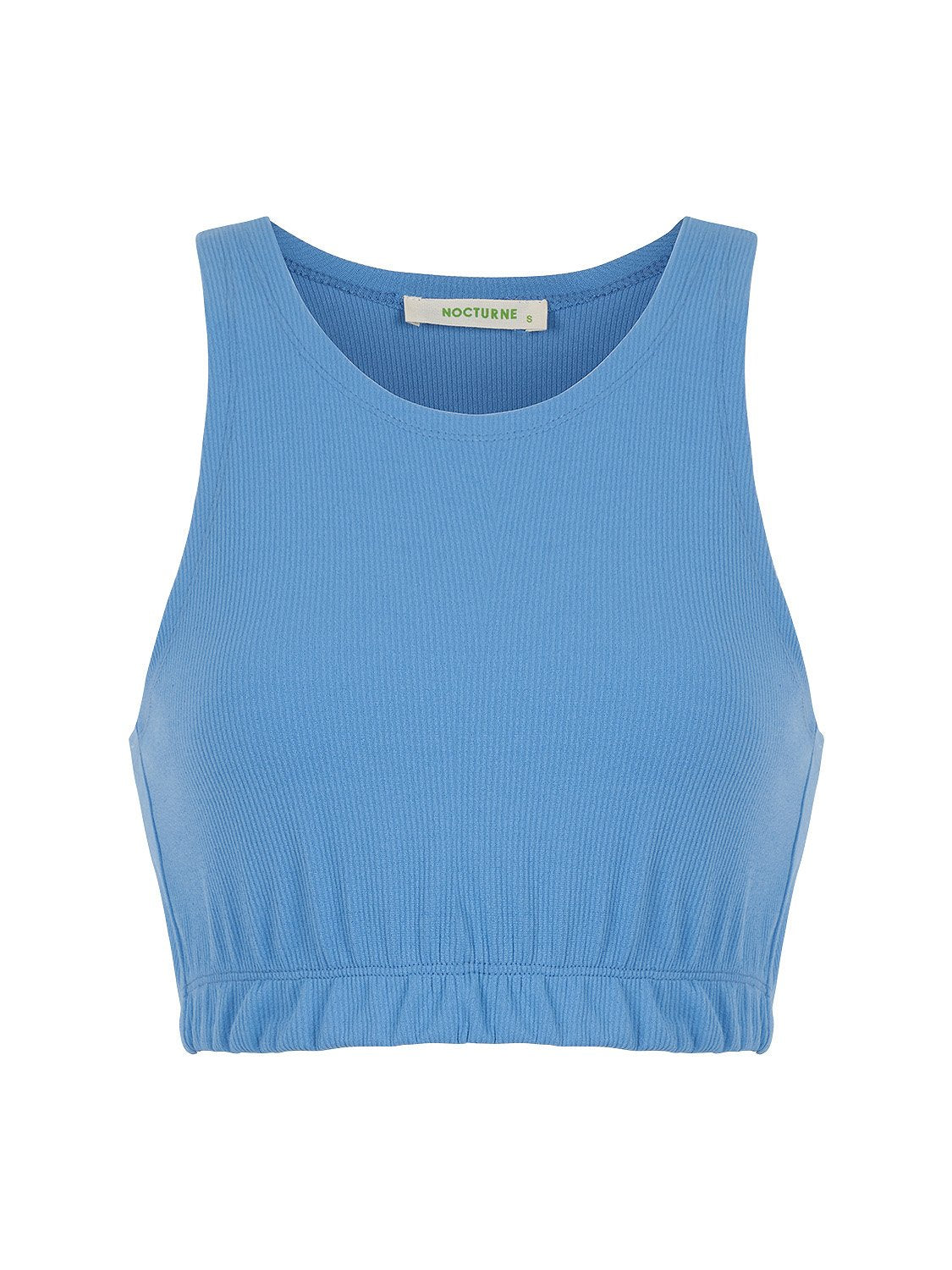 A stylish round neck crop top in a soft knit fabric with elastic trim, perfect for casual wear.