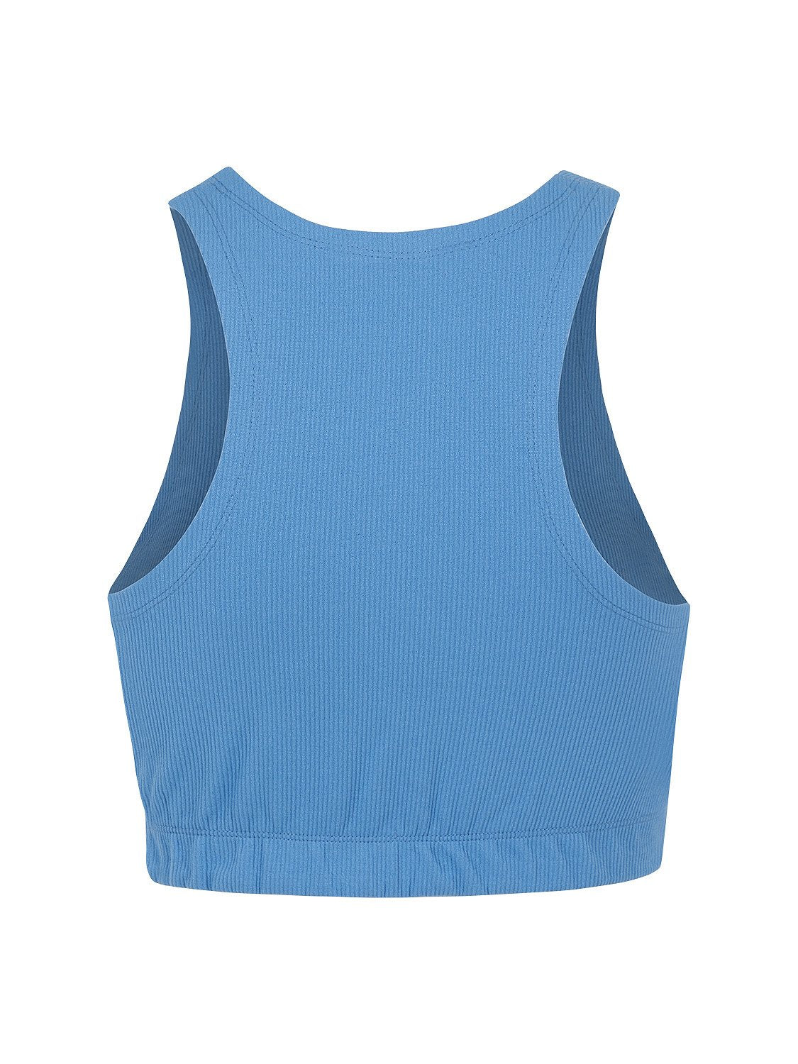 A stylish round neck crop top in a soft knit fabric with elastic trim, perfect for casual wear.