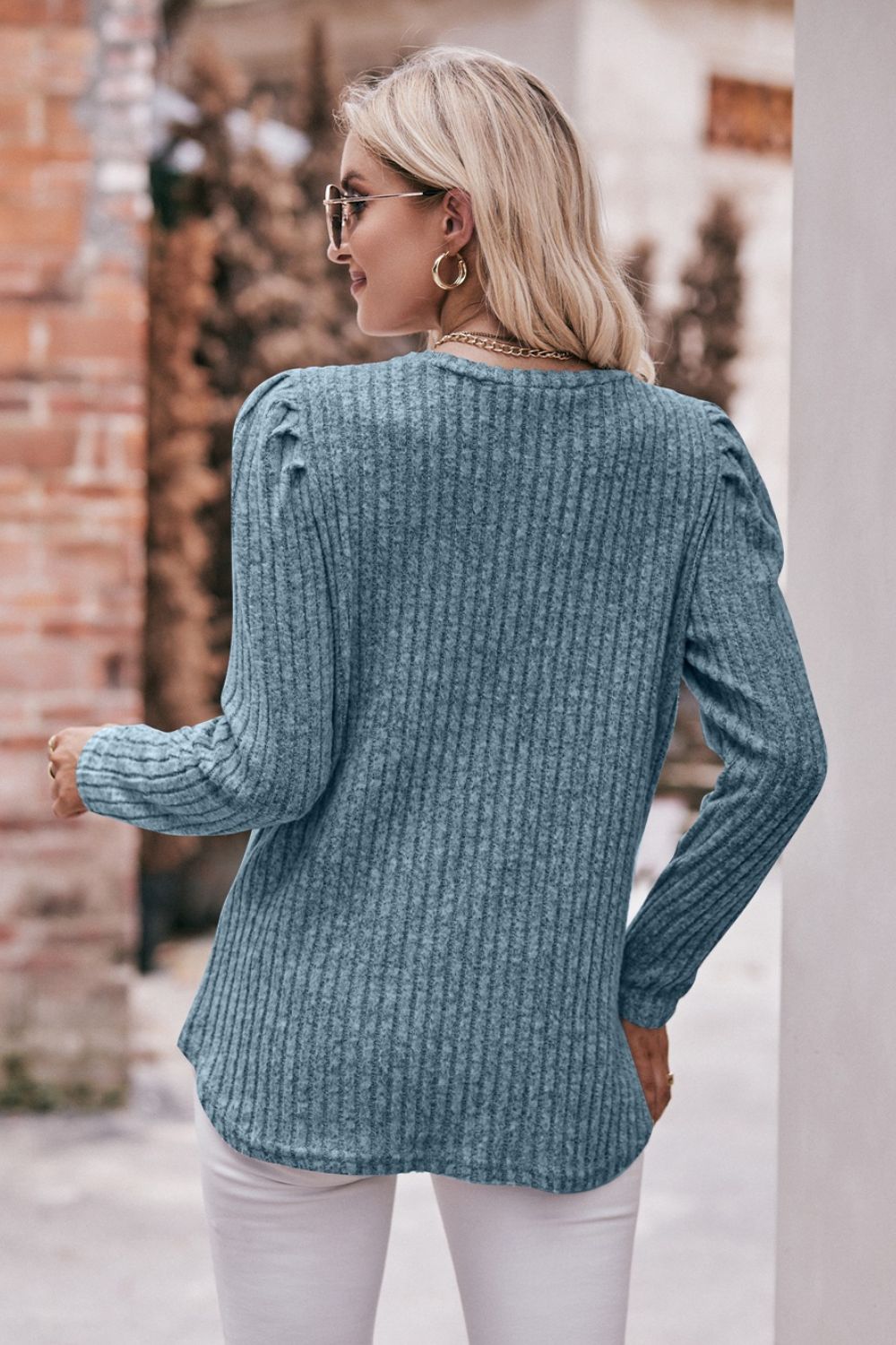 Round Neck Puff Sleeve Ribbed Top in casual style with puff sleeves and ribbed texture, available in multiple sizes.