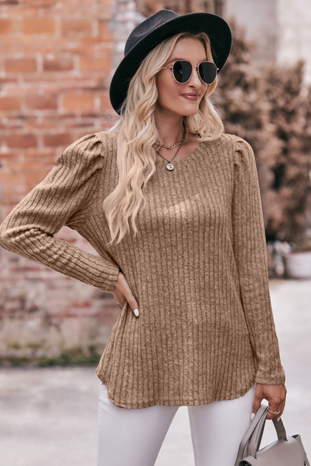 Round Neck Puff Sleeve Ribbed Top in casual style with puff sleeves and ribbed texture, available in multiple sizes.