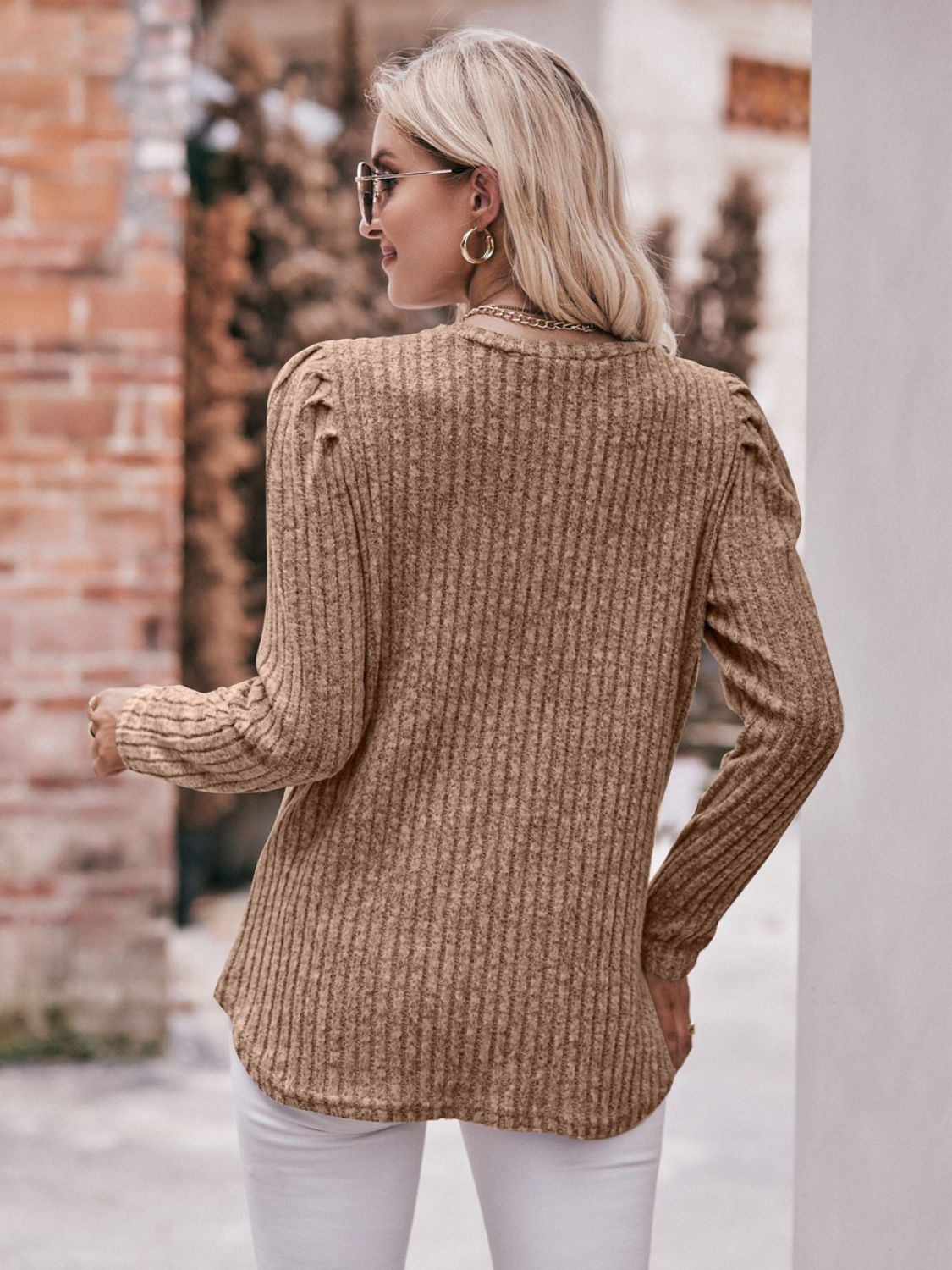 Round Neck Puff Sleeve Ribbed Top in casual style with puff sleeves and ribbed texture, available in multiple sizes.