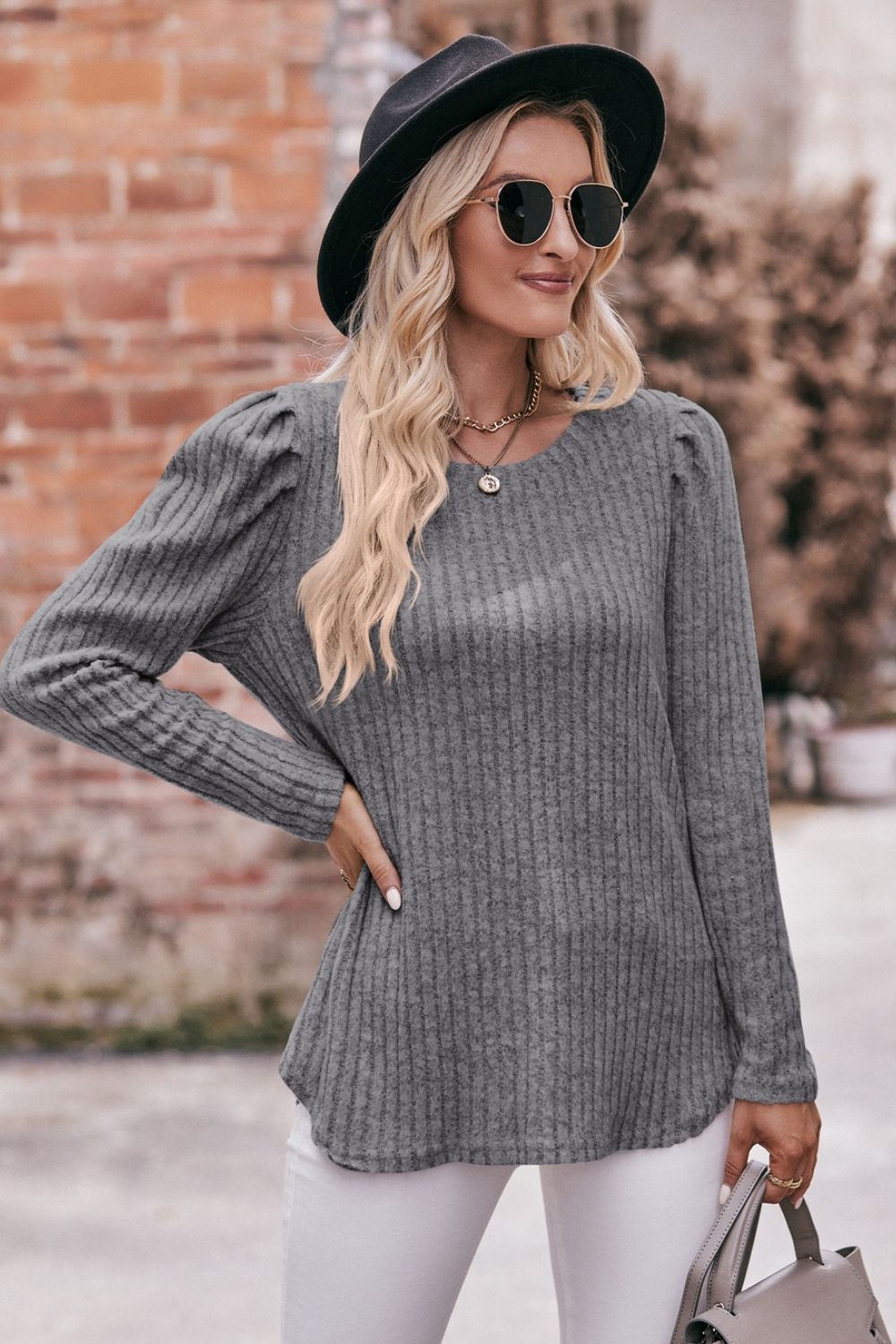 Round Neck Puff Sleeve Ribbed Top in casual style with puff sleeves and ribbed texture, available in multiple sizes.