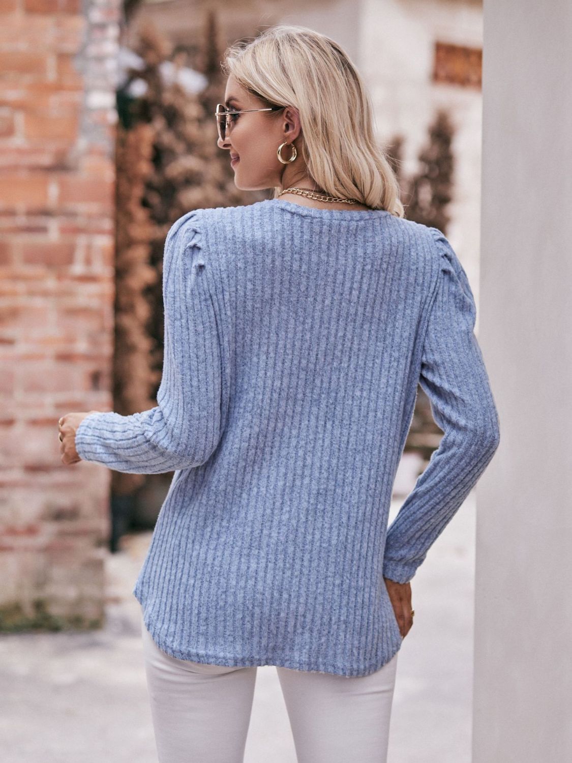 Round Neck Puff Sleeve Ribbed Top in casual style with puff sleeves and ribbed texture, available in multiple sizes.