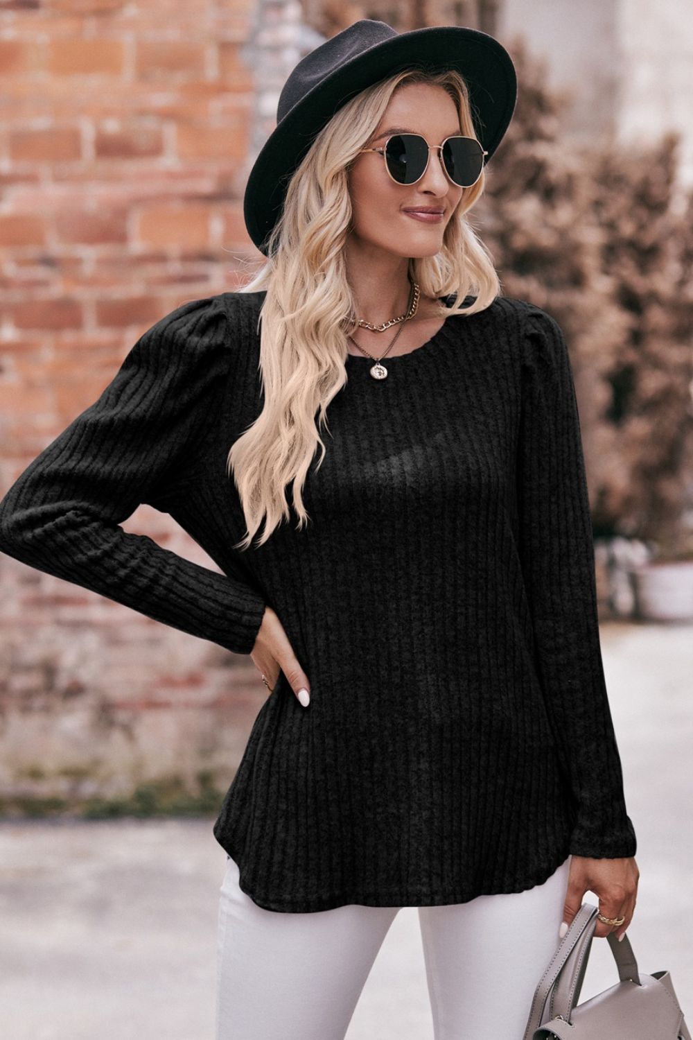 Round Neck Puff Sleeve Ribbed Top in casual style with puff sleeves and ribbed texture, available in multiple sizes.