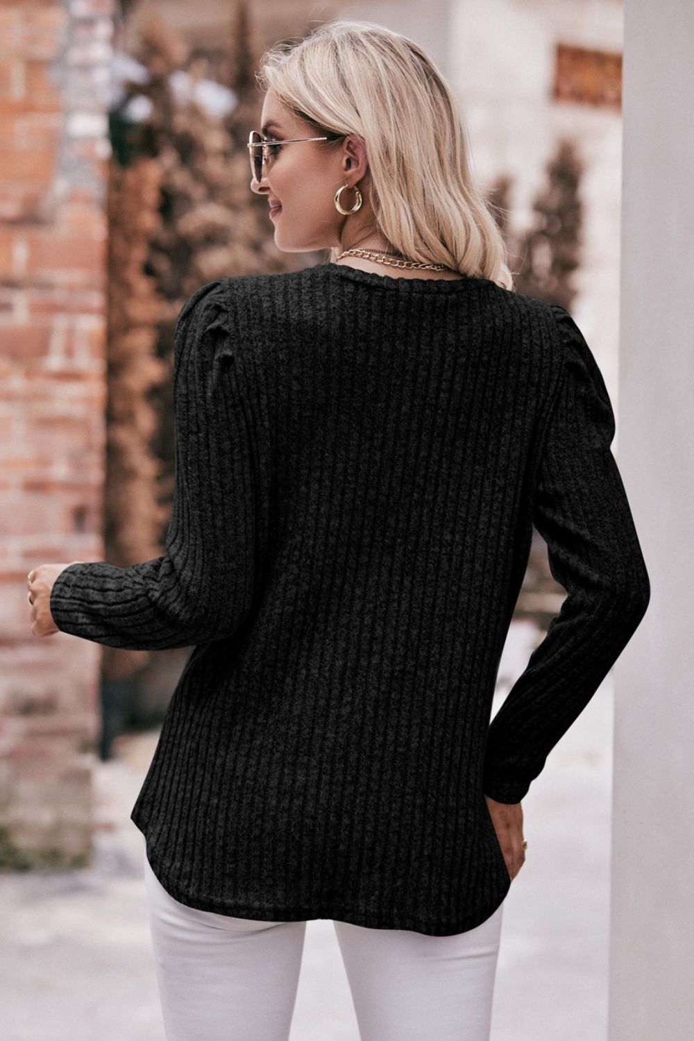 Round Neck Puff Sleeve Ribbed Top in casual style with puff sleeves and ribbed texture, available in multiple sizes.