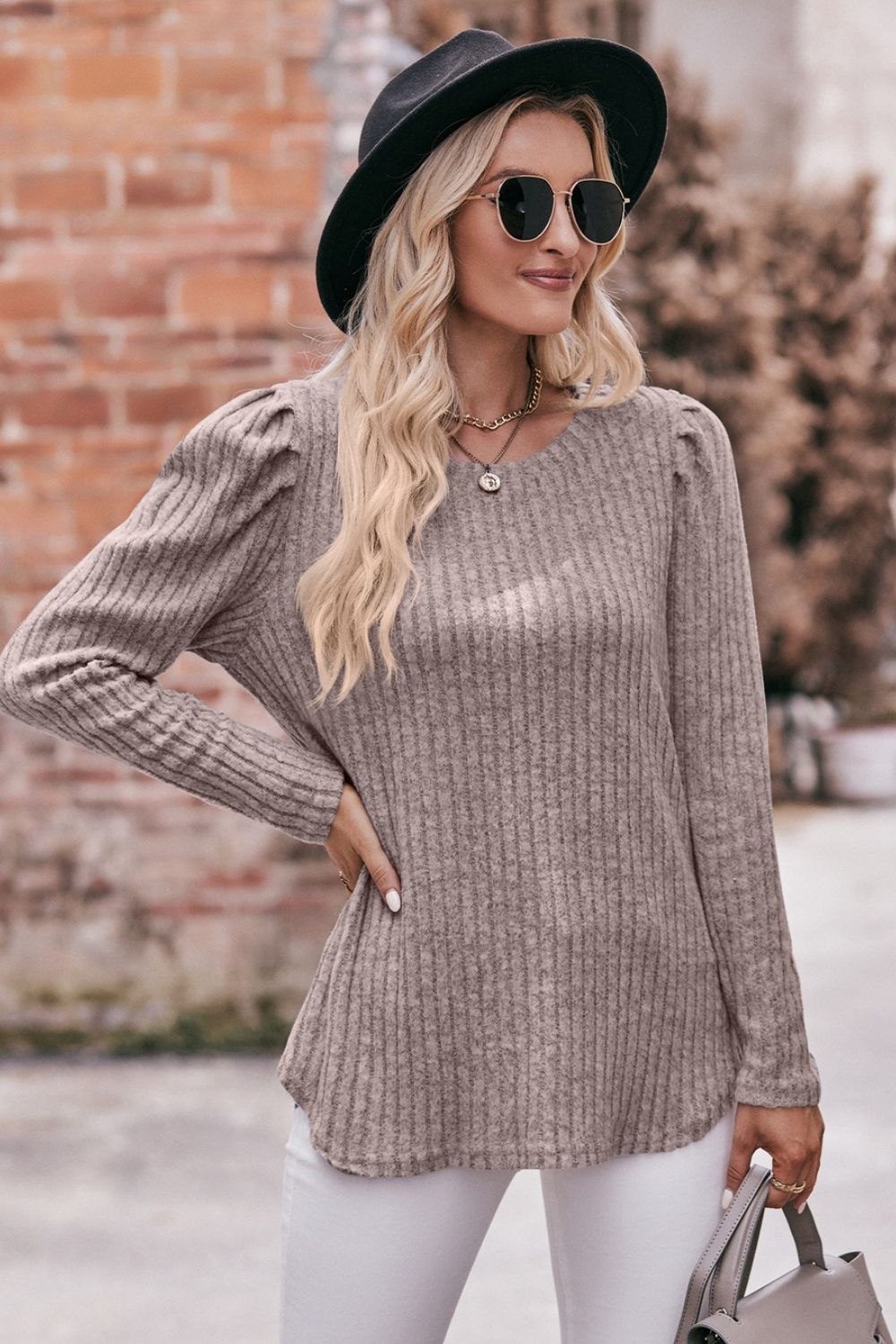 Round Neck Puff Sleeve Ribbed Top in casual style with puff sleeves and ribbed texture, available in multiple sizes.