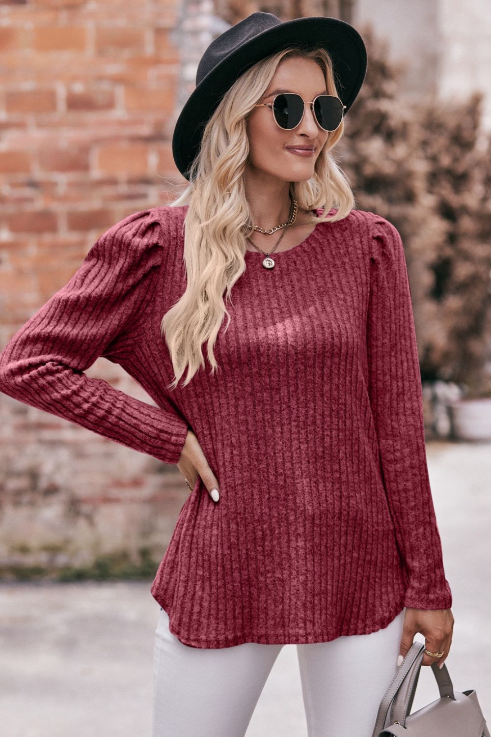 Round Neck Puff Sleeve Ribbed Top in casual style with puff sleeves and ribbed texture, available in multiple sizes.