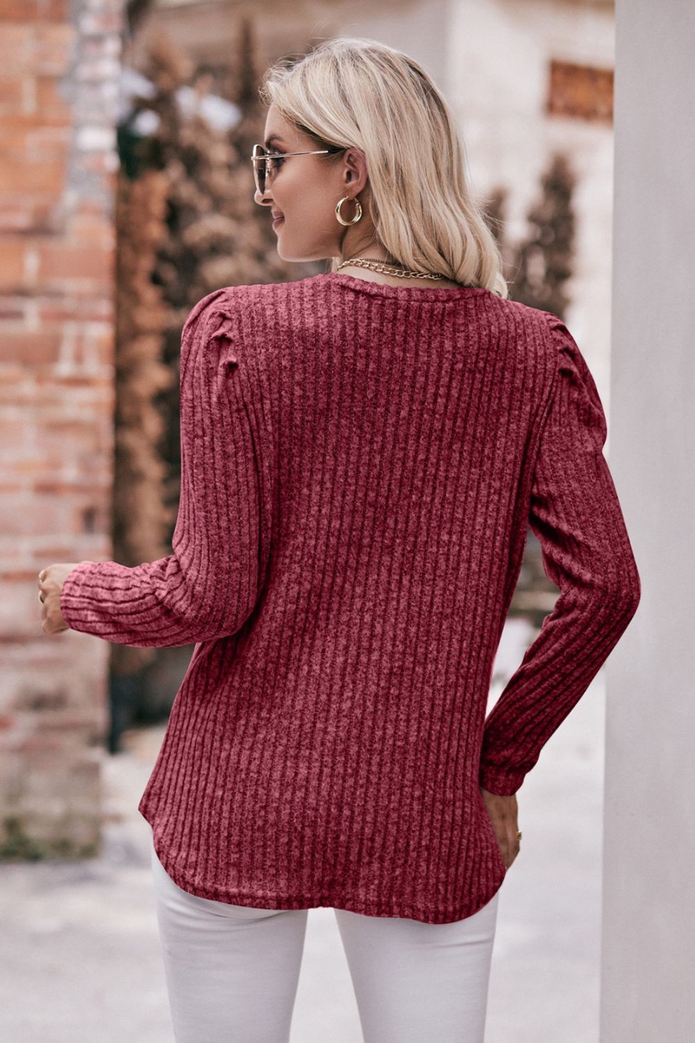 Round Neck Puff Sleeve Ribbed Top in casual style with puff sleeves and ribbed texture, available in multiple sizes.