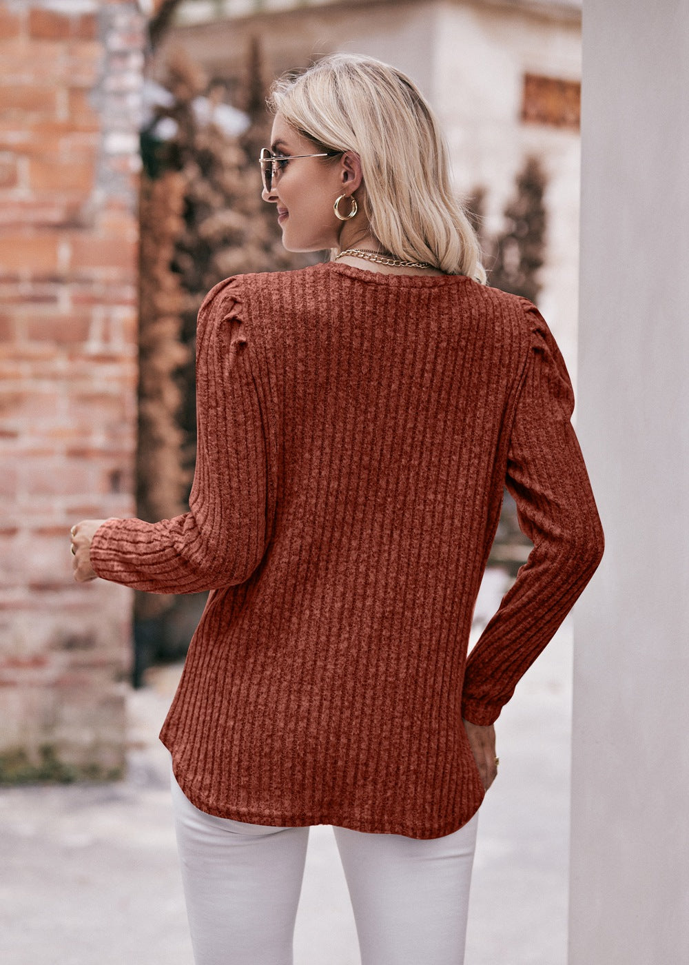 Round Neck Puff Sleeve Ribbed Top in casual style with puff sleeves and ribbed texture, available in multiple sizes.