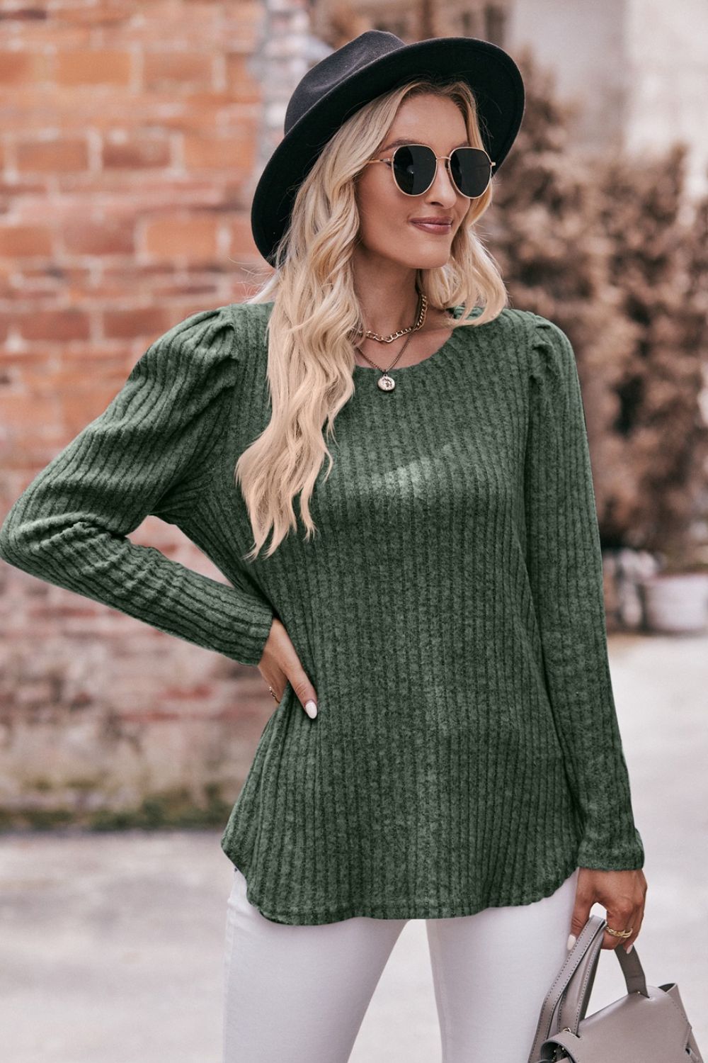 Round Neck Puff Sleeve Ribbed Top in casual style with puff sleeves and ribbed texture, available in multiple sizes.