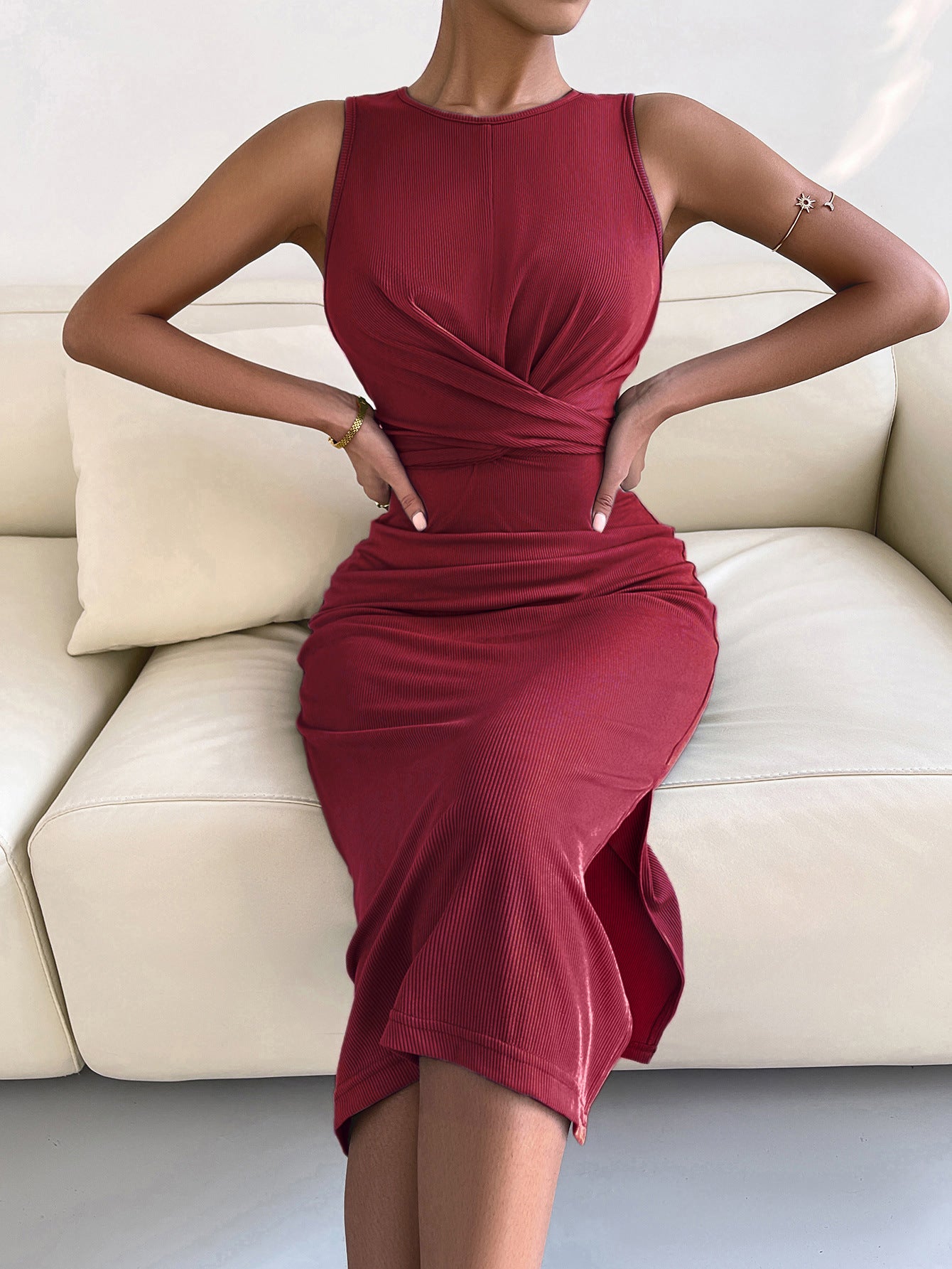 A stylish round neck tie back slit sleeveless dress in solid color, showcasing a chic design and flattering silhouette.