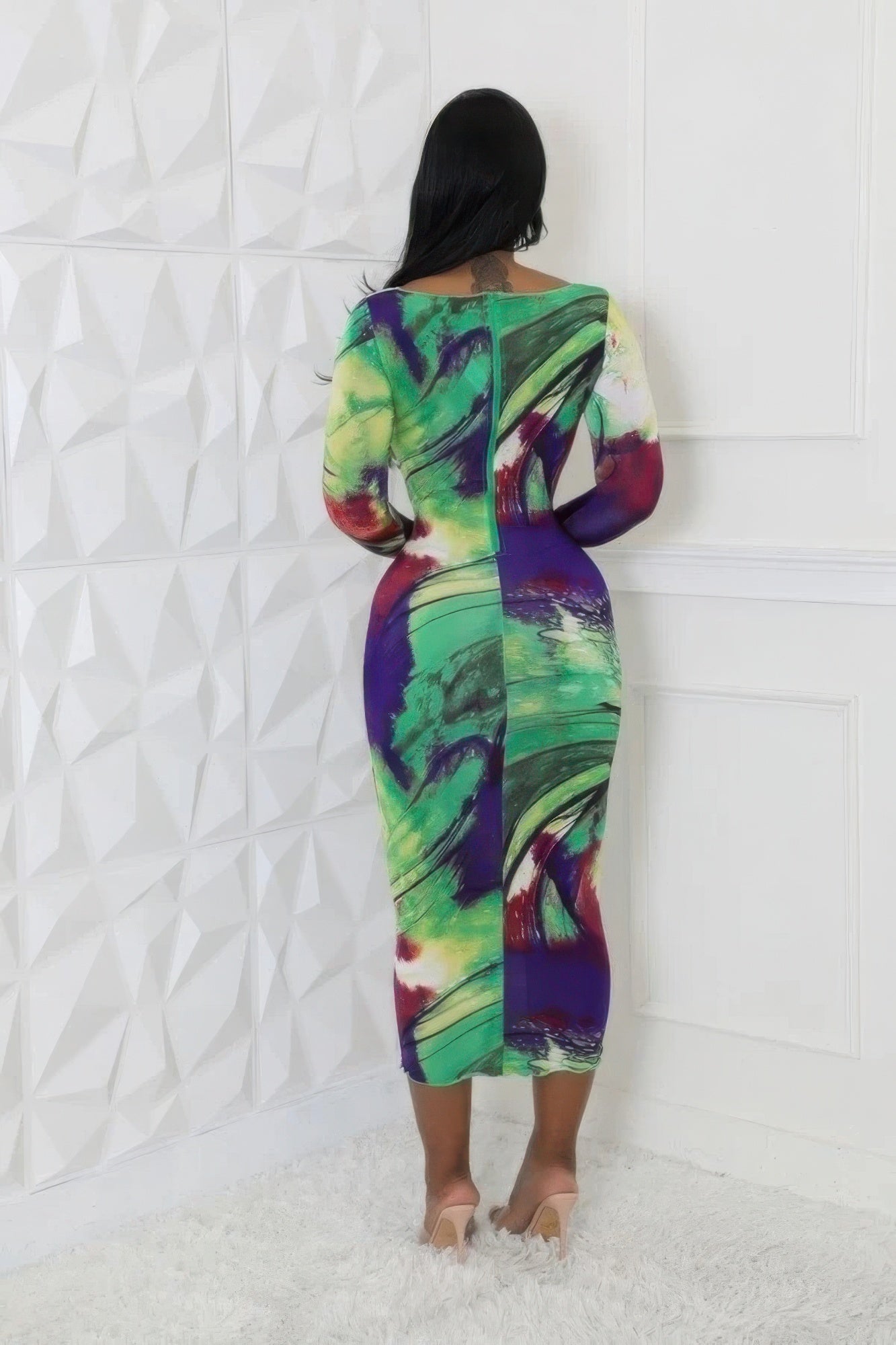 Round Neckline Stretch Dress featuring long sleeves, stylish cutouts, and a vibrant multi-color design.