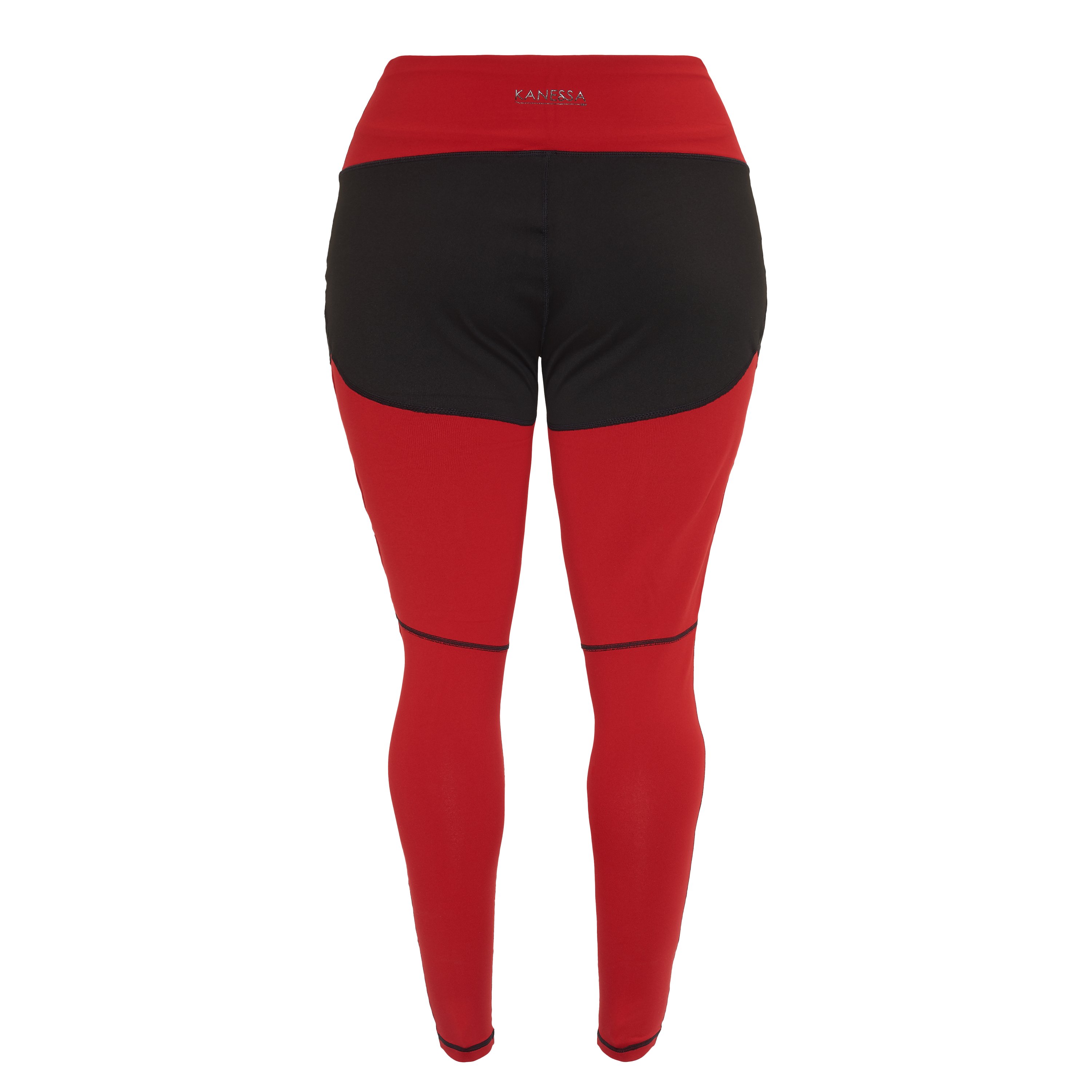 Round Red gym outfit for curvy women featuring padded support and stylish black leg details.