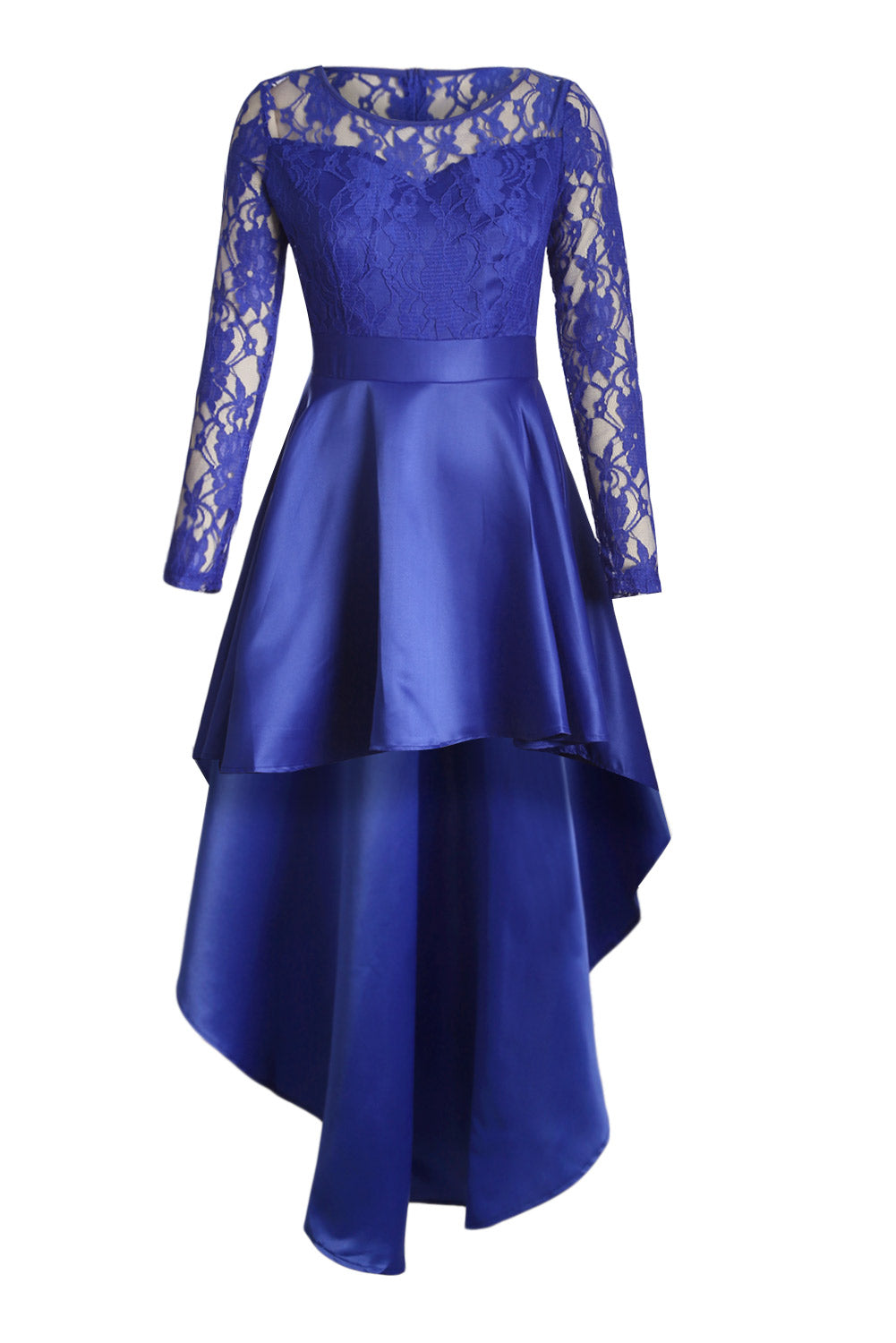 Royal Blue Lace Long Sleeve High Low Satin Prom Dress featuring a lace bodice, sheer sleeves, and a high-low taffeta skirt, perfect for formal occasions.