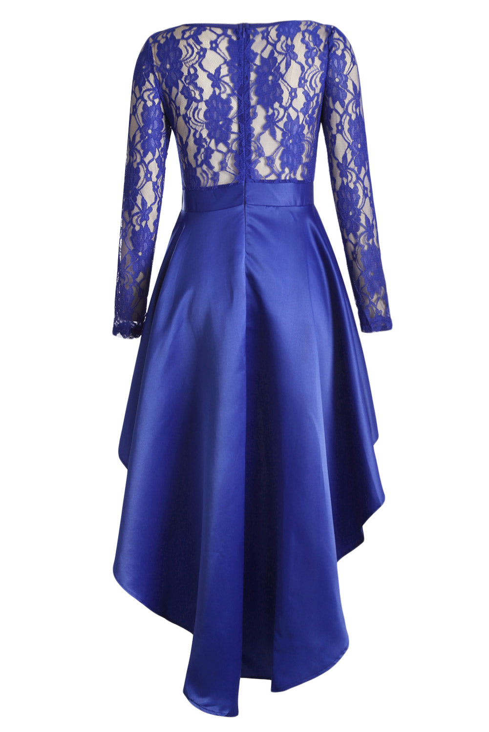 Royal Blue Lace Long Sleeve High Low Satin Prom Dress featuring a lace bodice, sheer sleeves, and a high-low taffeta skirt, perfect for formal occasions.