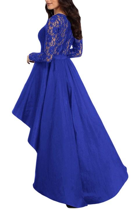 Royal Blue Lace Long Sleeve High Low Satin Prom Dress featuring a lace bodice, sheer sleeves, and a high-low taffeta skirt, perfect for formal occasions.