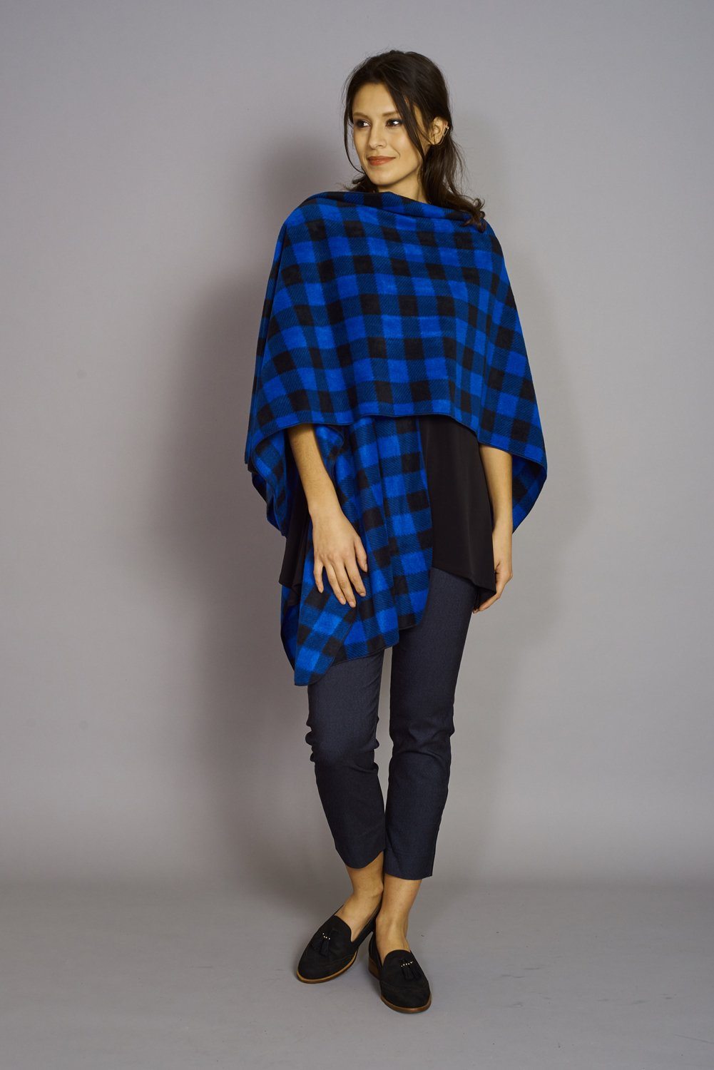 Royal Blue and Black Buffalo Print Premium Mountain Fleece Cape, showcasing its cozy fabric and stylish design.