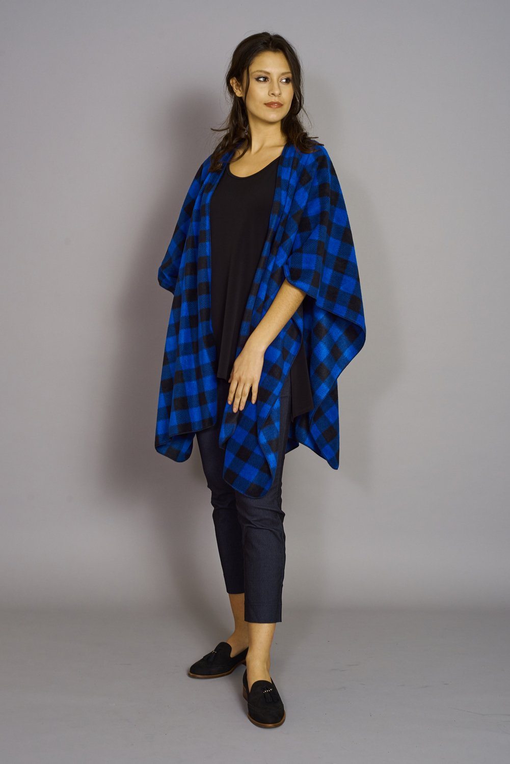 Royal Blue and Black Buffalo Print Premium Mountain Fleece Cape, showcasing its cozy fabric and stylish design.