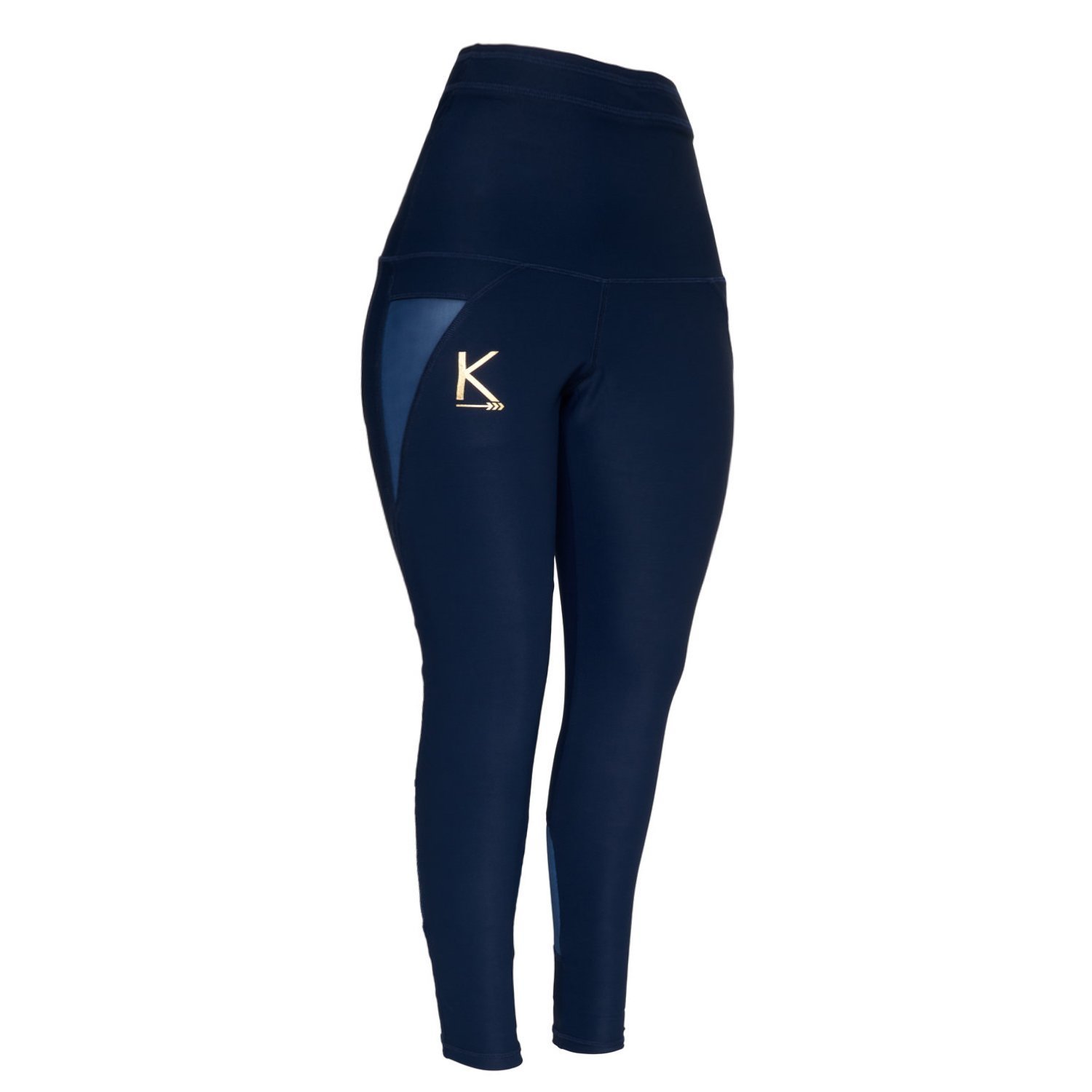 Royal blue high-waisted leggings with mesh accents and a back pocket, designed for comfort and style.