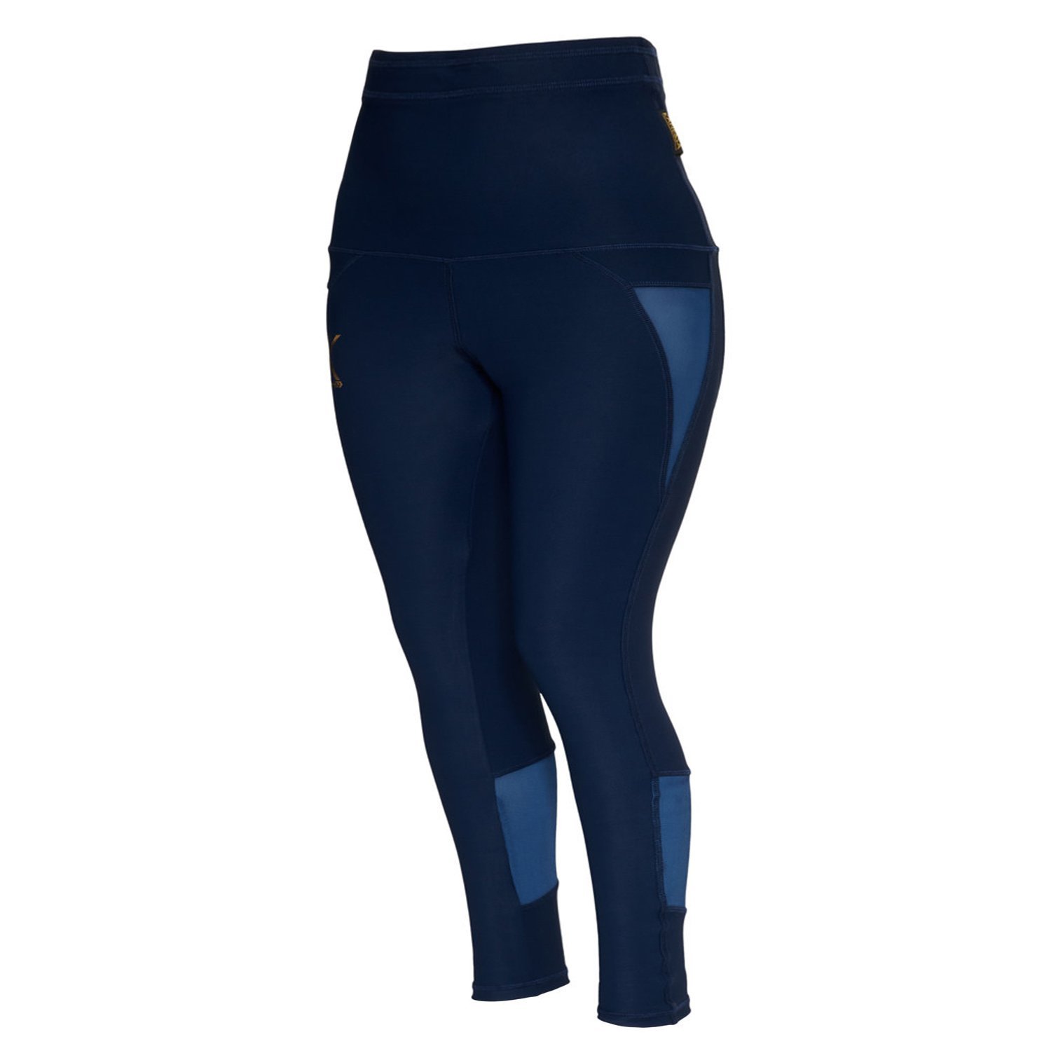 Royal blue high-waisted leggings with mesh accents and a back pocket, designed for comfort and style.