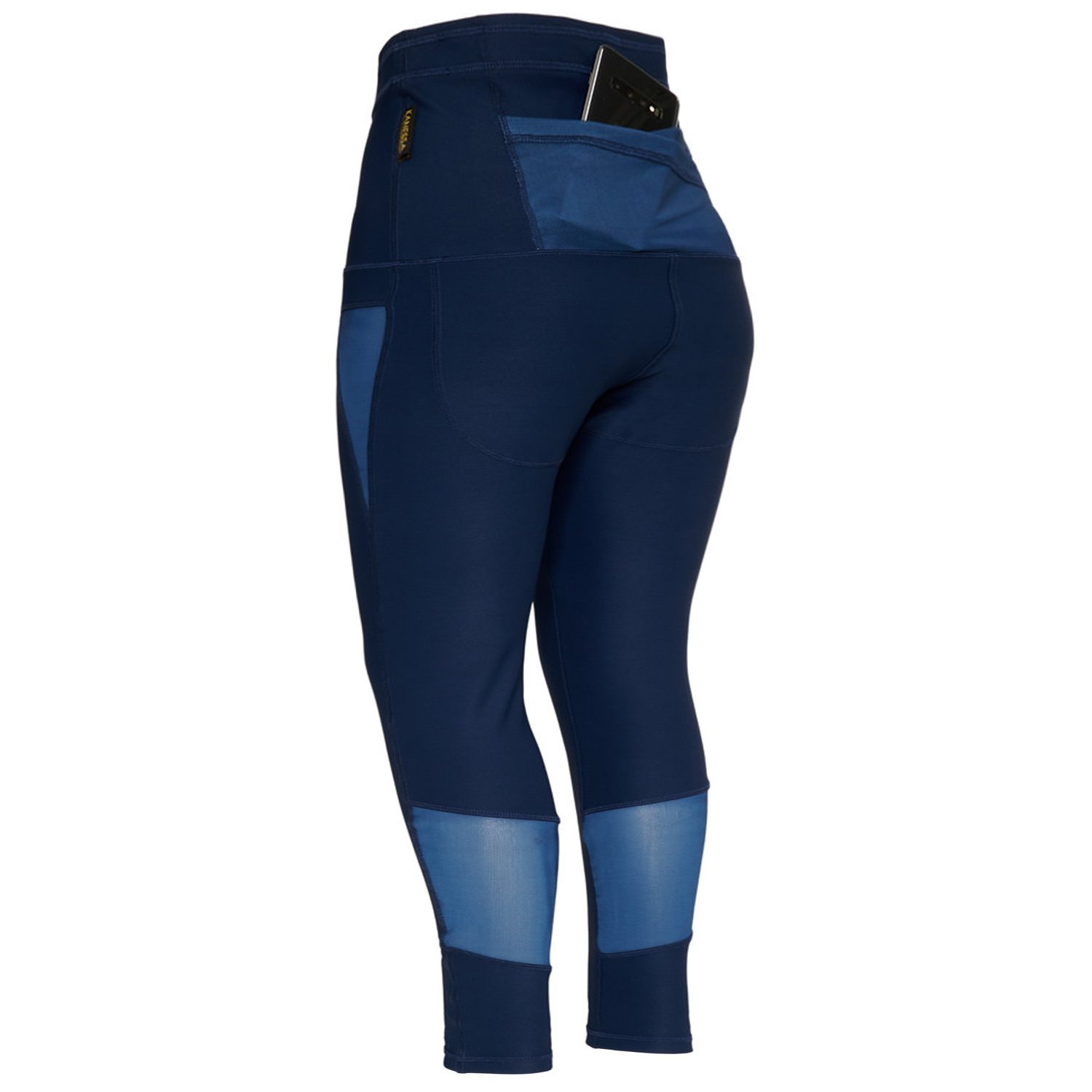 Royal blue high-waisted leggings with mesh accents and a back pocket, designed for comfort and style.