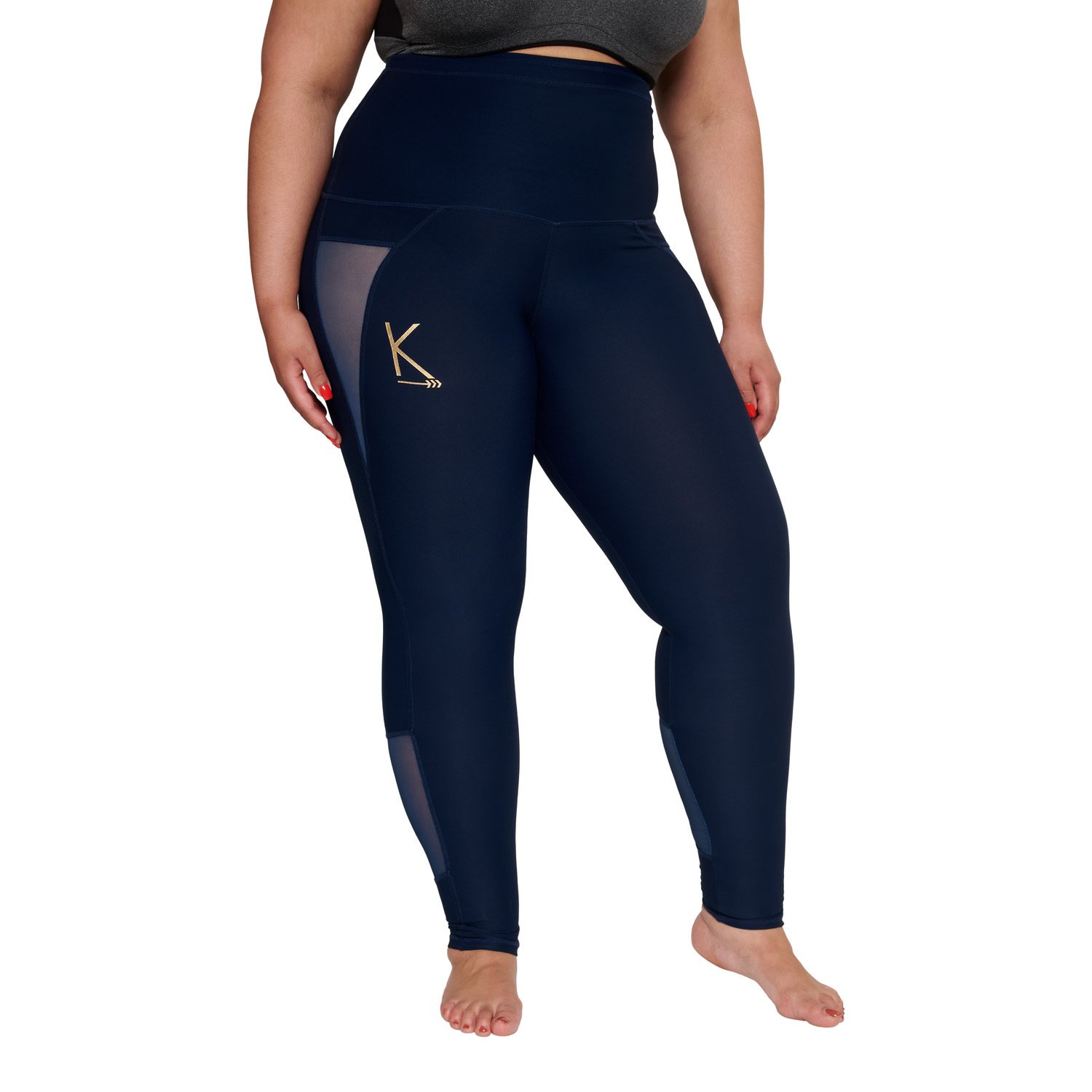 Royal blue high-waisted leggings with mesh accents and a back pocket, designed for comfort and style.