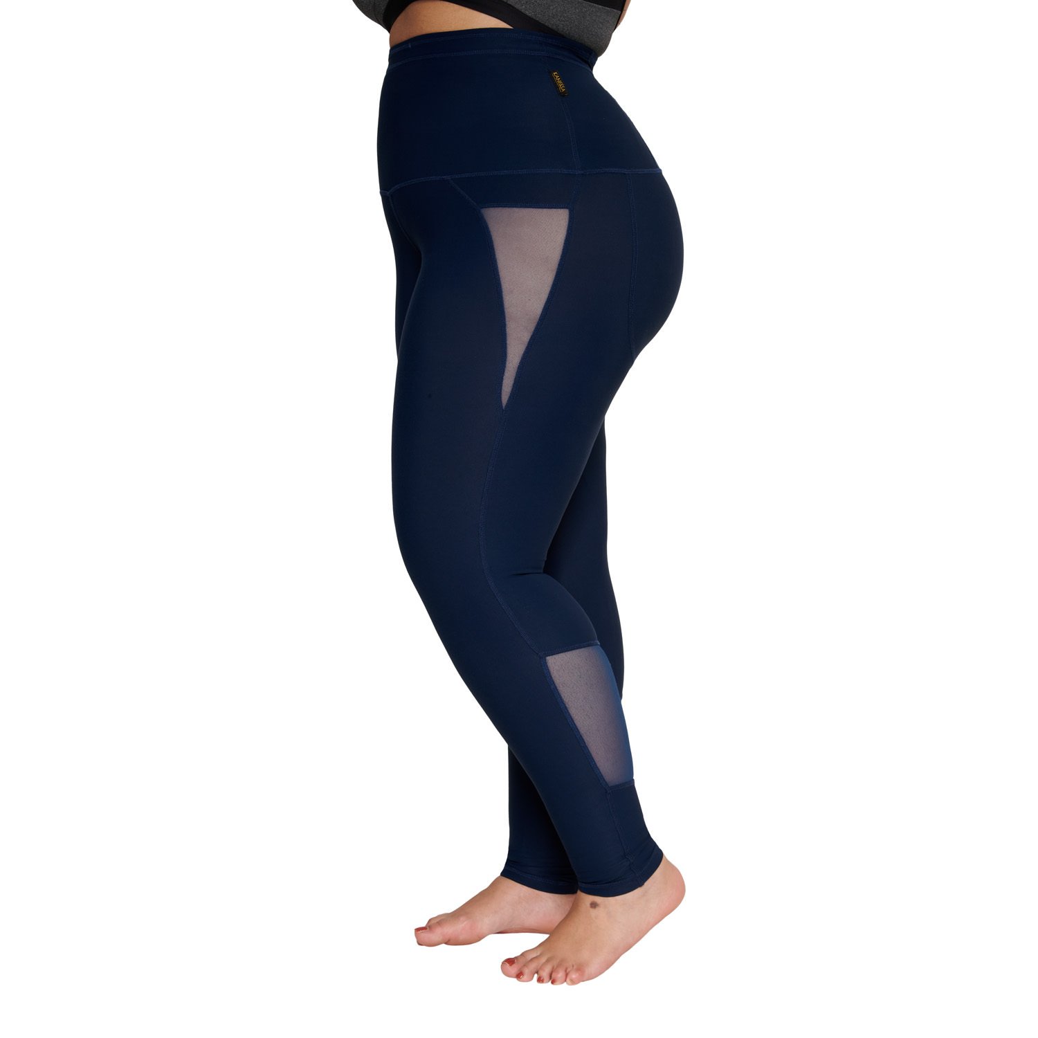 Royal blue high-waisted leggings with mesh accents and a back pocket, designed for comfort and style.