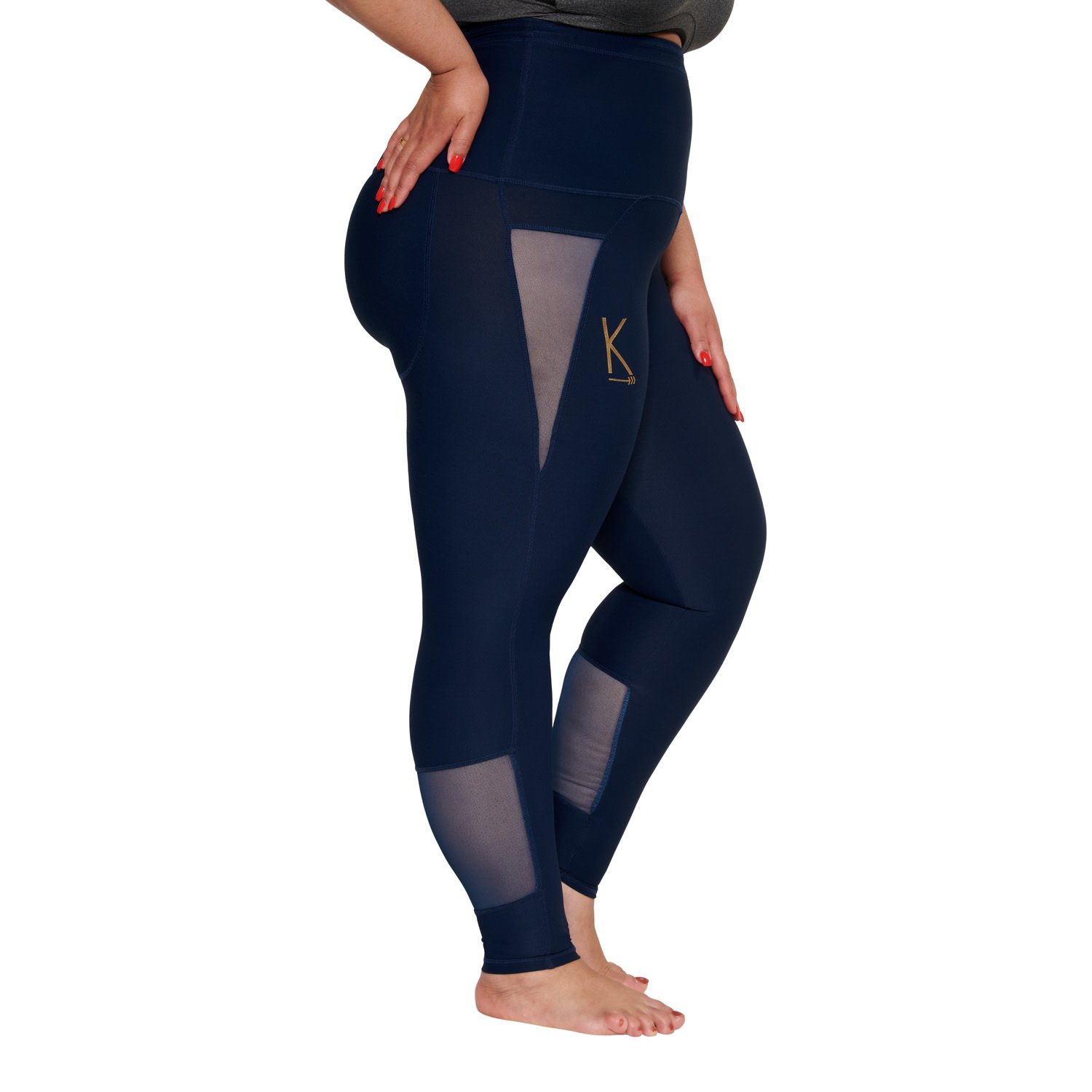 Royal blue high-waisted leggings with mesh accents and a back pocket, designed for comfort and style.