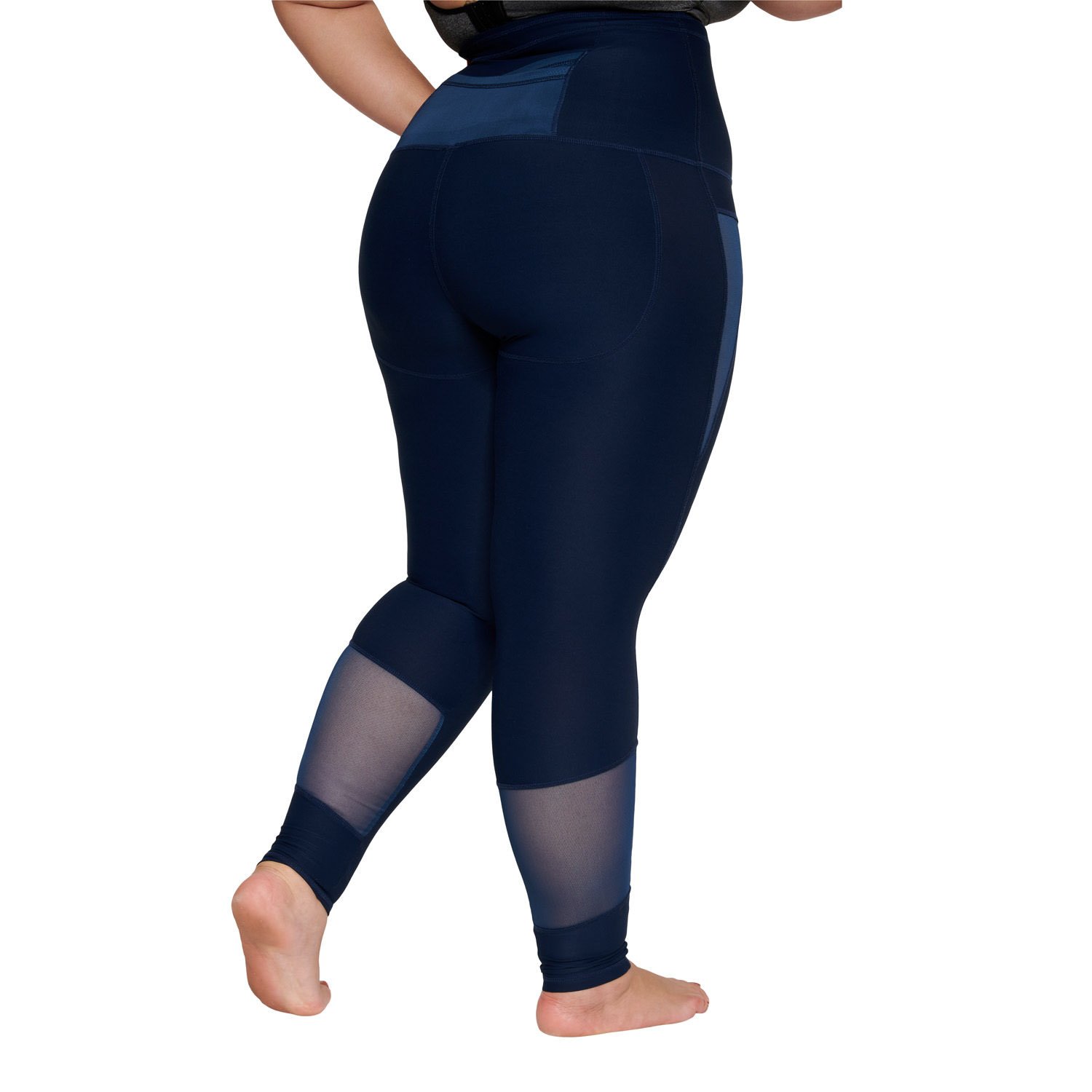 Royal blue high-waisted leggings with mesh accents and a back pocket, designed for comfort and style.