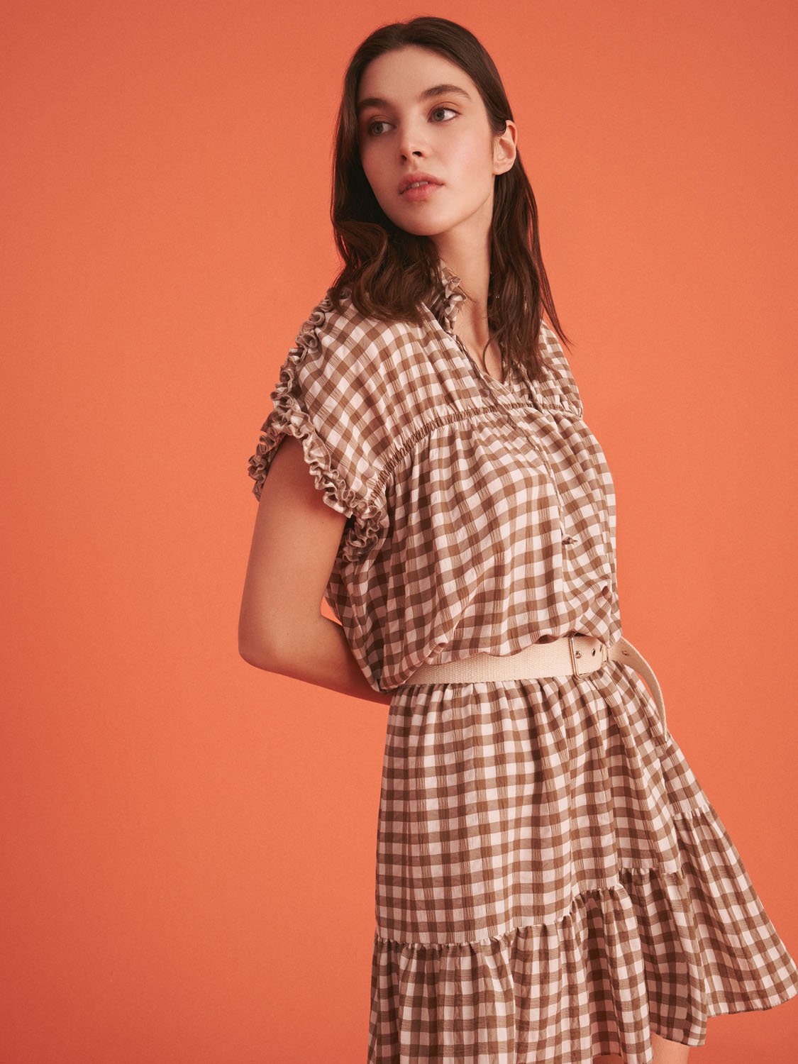 A stylish Ruched Plaid Dress featuring a ruffled band collar, short sleeves, and a flounced hem, perfect for summer outings.