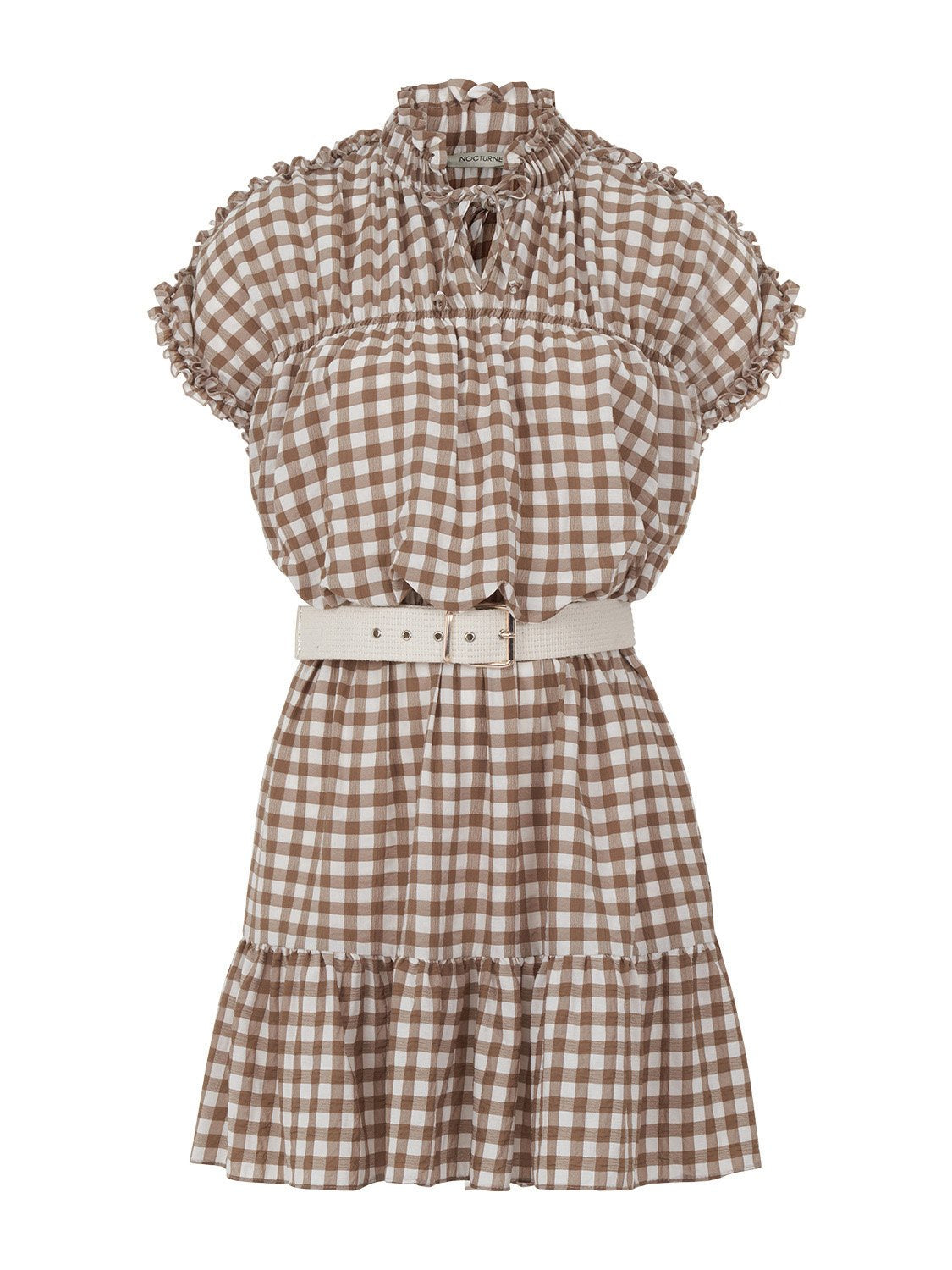 A stylish Ruched Plaid Dress featuring a ruffled band collar, short sleeves, and a flounced hem, perfect for summer outings.