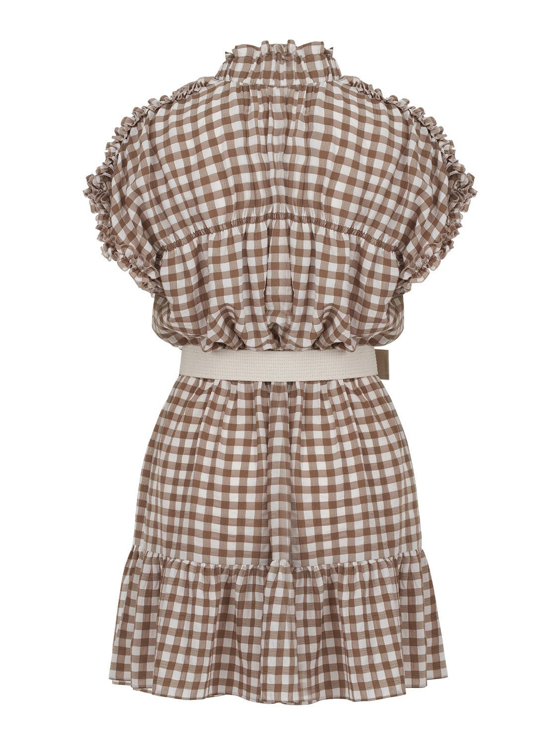 A stylish Ruched Plaid Dress featuring a ruffled band collar, short sleeves, and a flounced hem, perfect for summer outings.